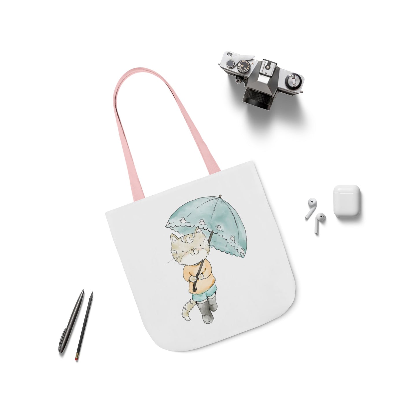 Cat Lover Tote Bag Cute Kitty with Umbrella Rain Boots Cat Lover Eco Tote Bag