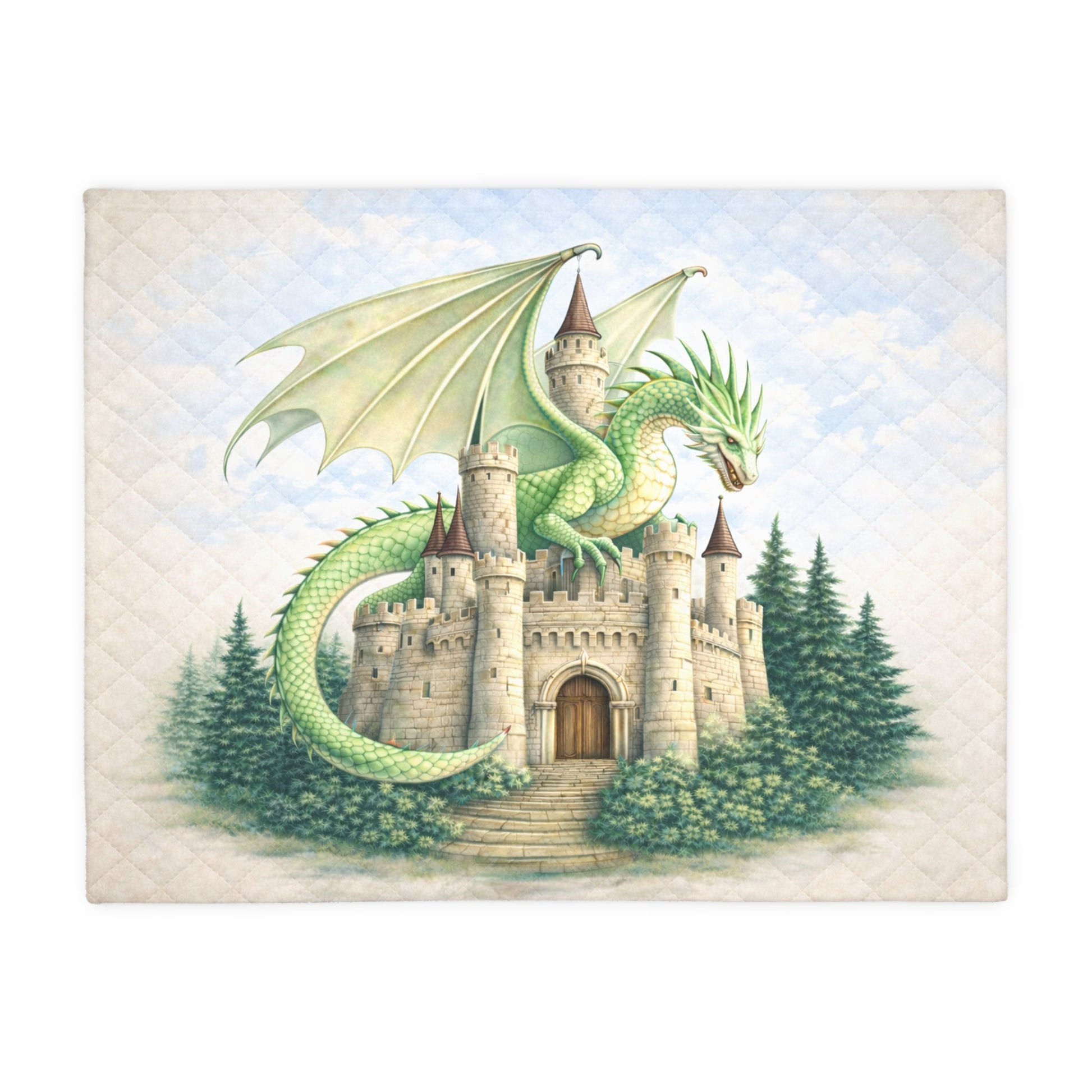 Illustration of a green dragon flying over a castle with trees on a light background