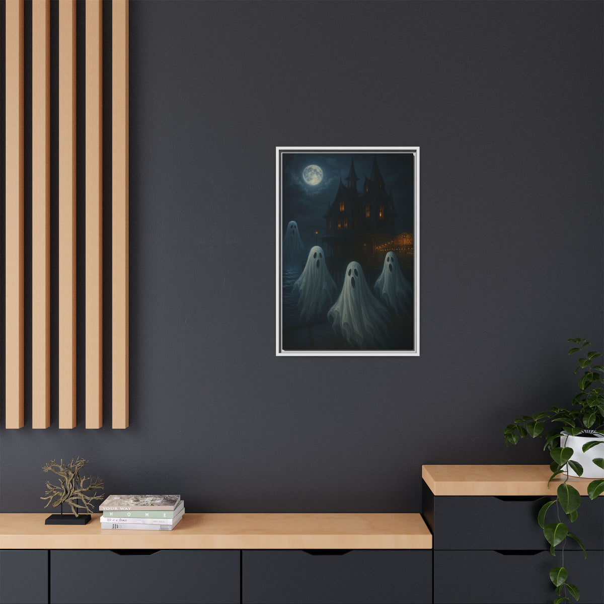 Haunted House Ghost Canvas Wall Art – Spooky Halloween Framed Art, Vintage Horror Decor, Gothic Night Scene Print