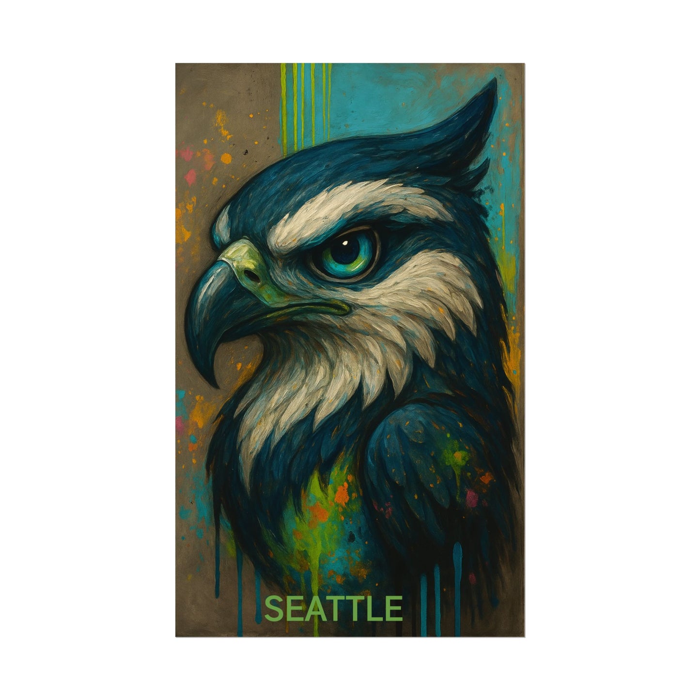 Artistic depiction of an hawk
 with 'Seattle' text on a colorful background