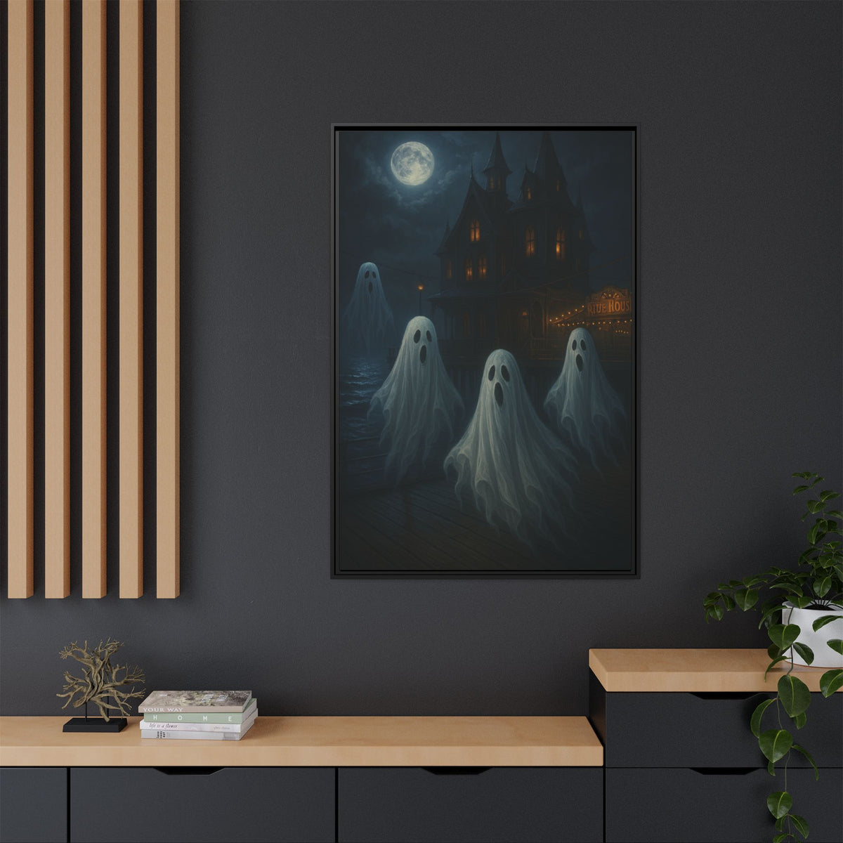 Haunted House Ghost Canvas Wall Art – Spooky Halloween Framed Art, Vintage Horror Decor, Gothic Night Scene Print