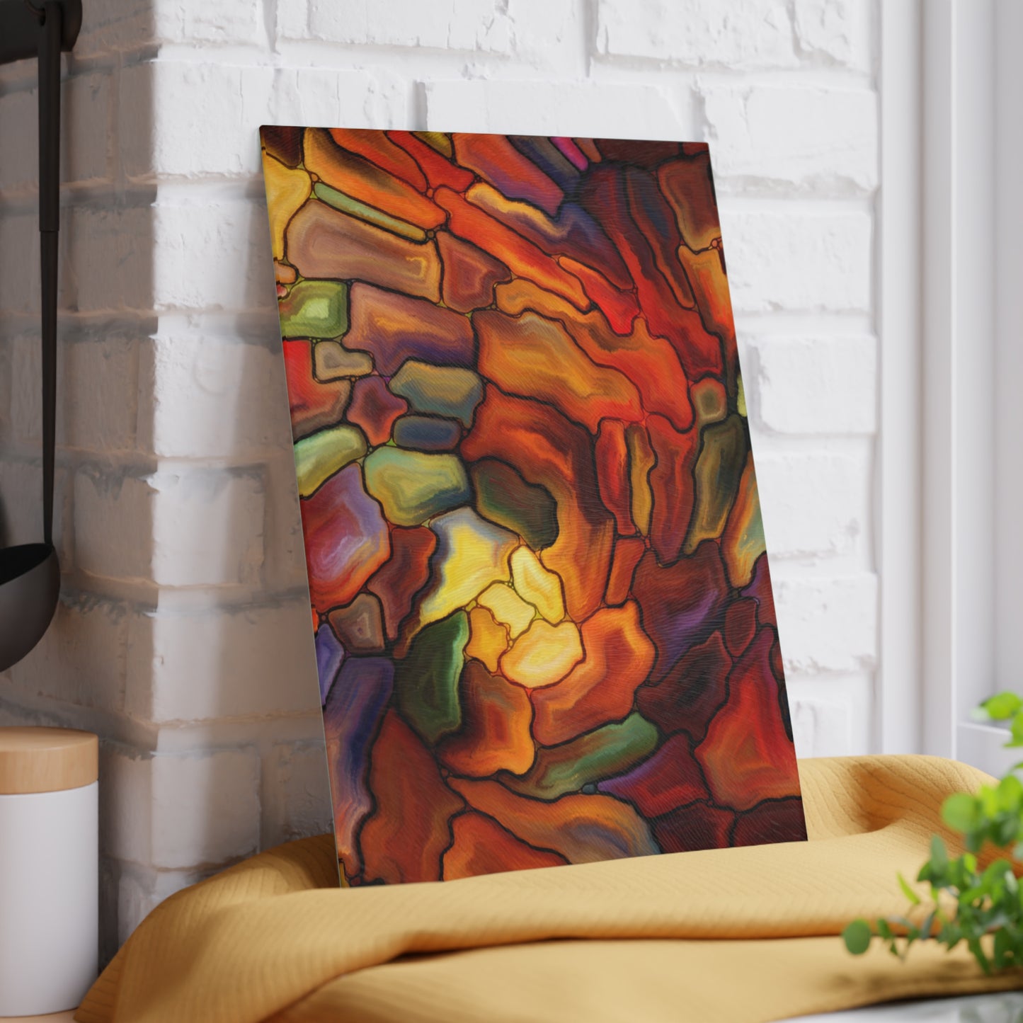 Colorful abstract painting on a white brick wall