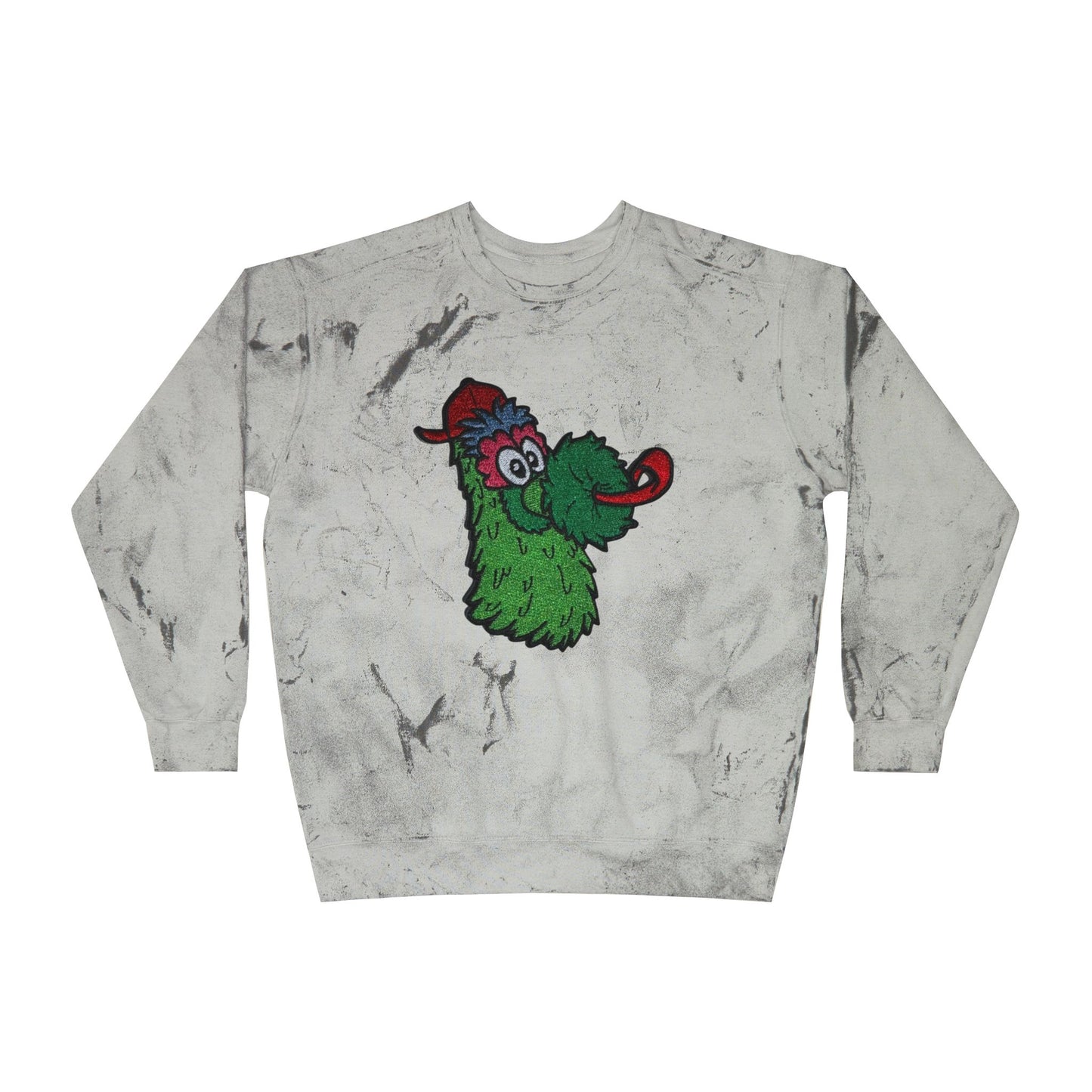 Gray sweatshirt with a colorful cartoon character on a white background