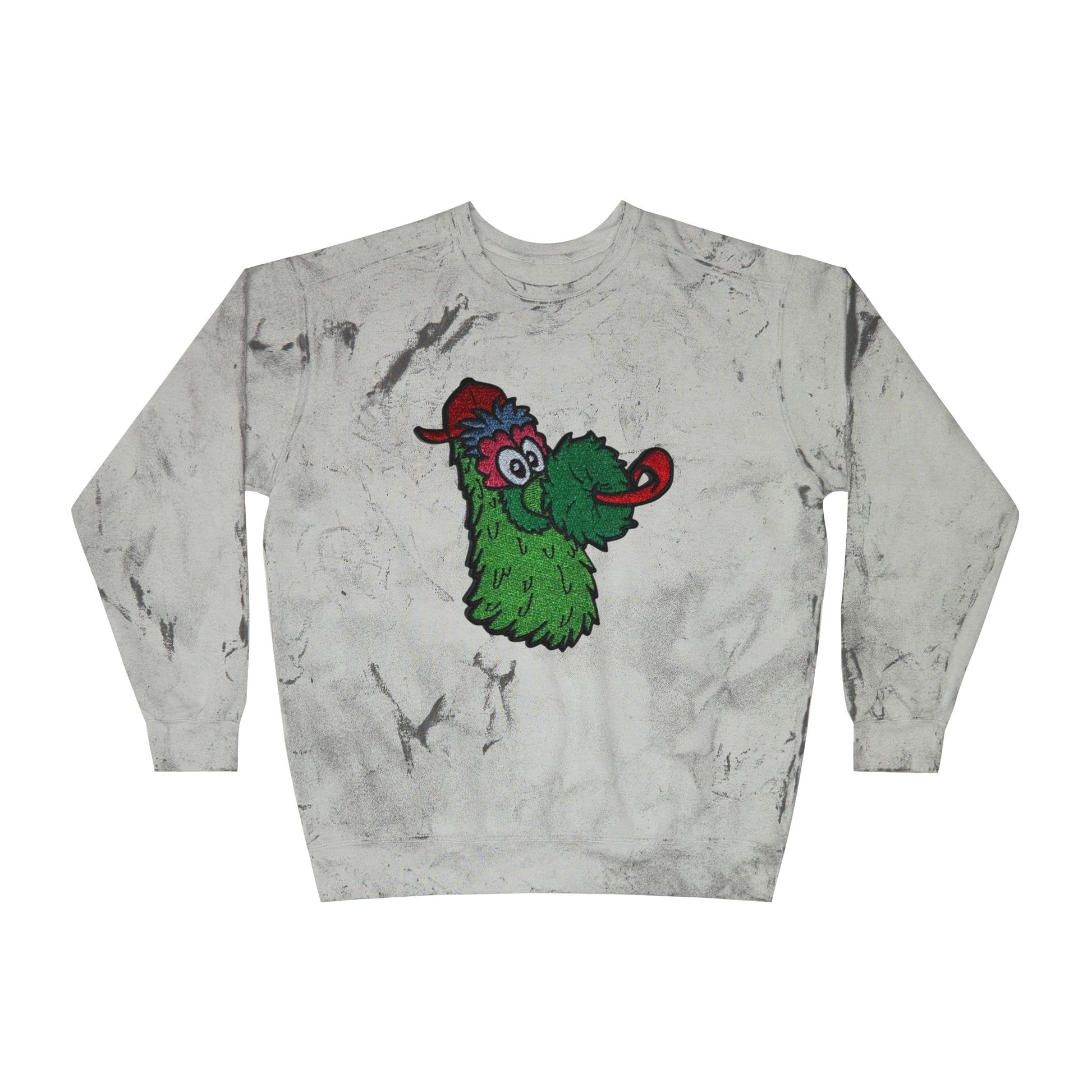 Gray sweatshirt with a colorful cartoon character on a white background