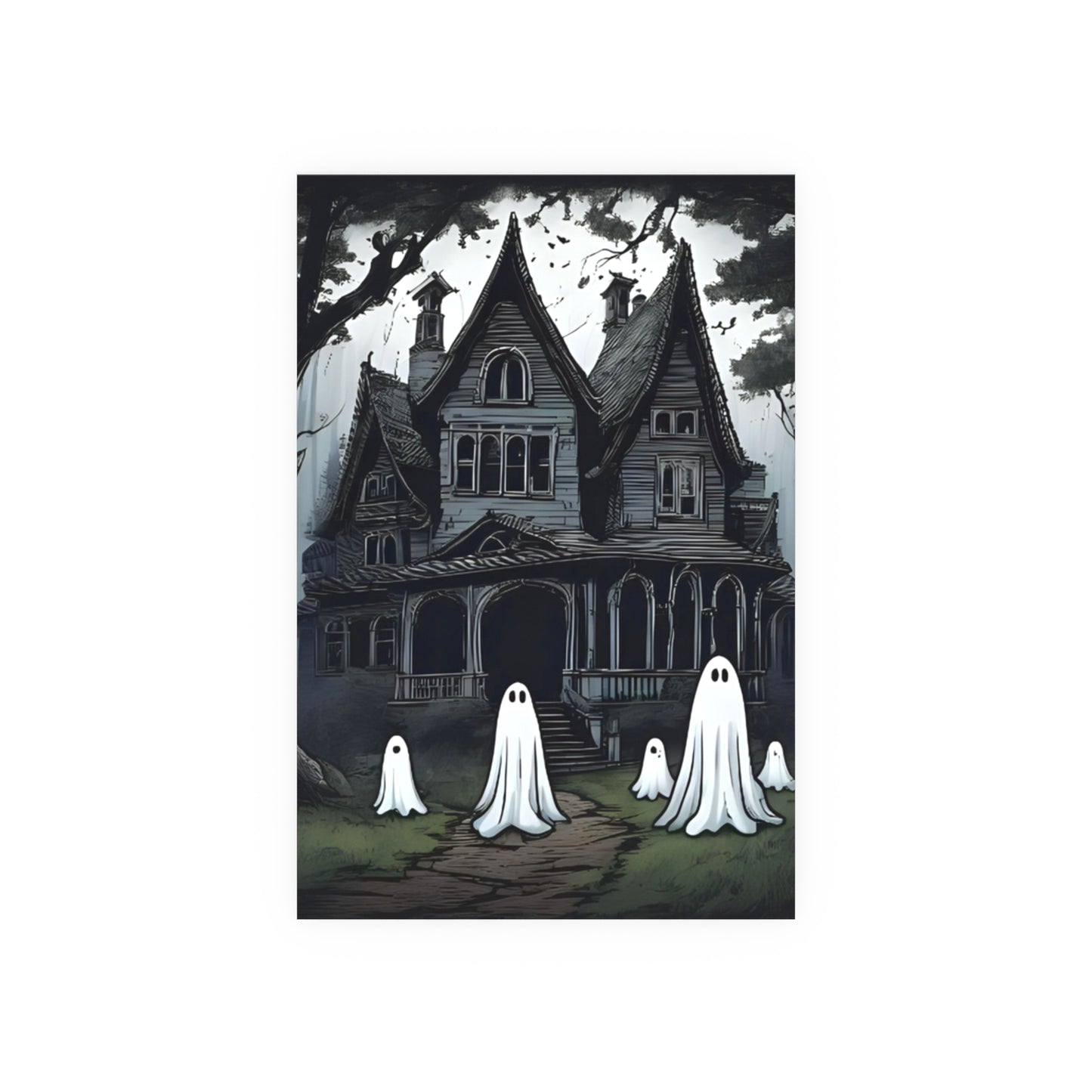 Haunted Victorian House Ghost Wall Art Print | Spooky Cute Halloween Ghost Illustration | Gothic Haunted House Decor | Halloween Wall Art