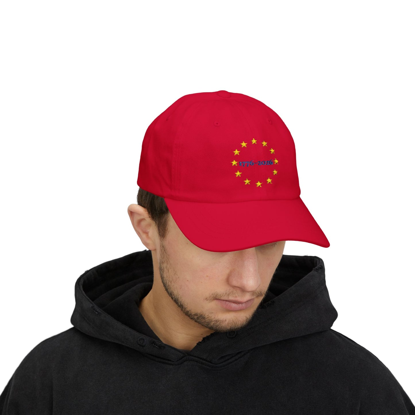 Person wearing a red cap with a logo on a white background