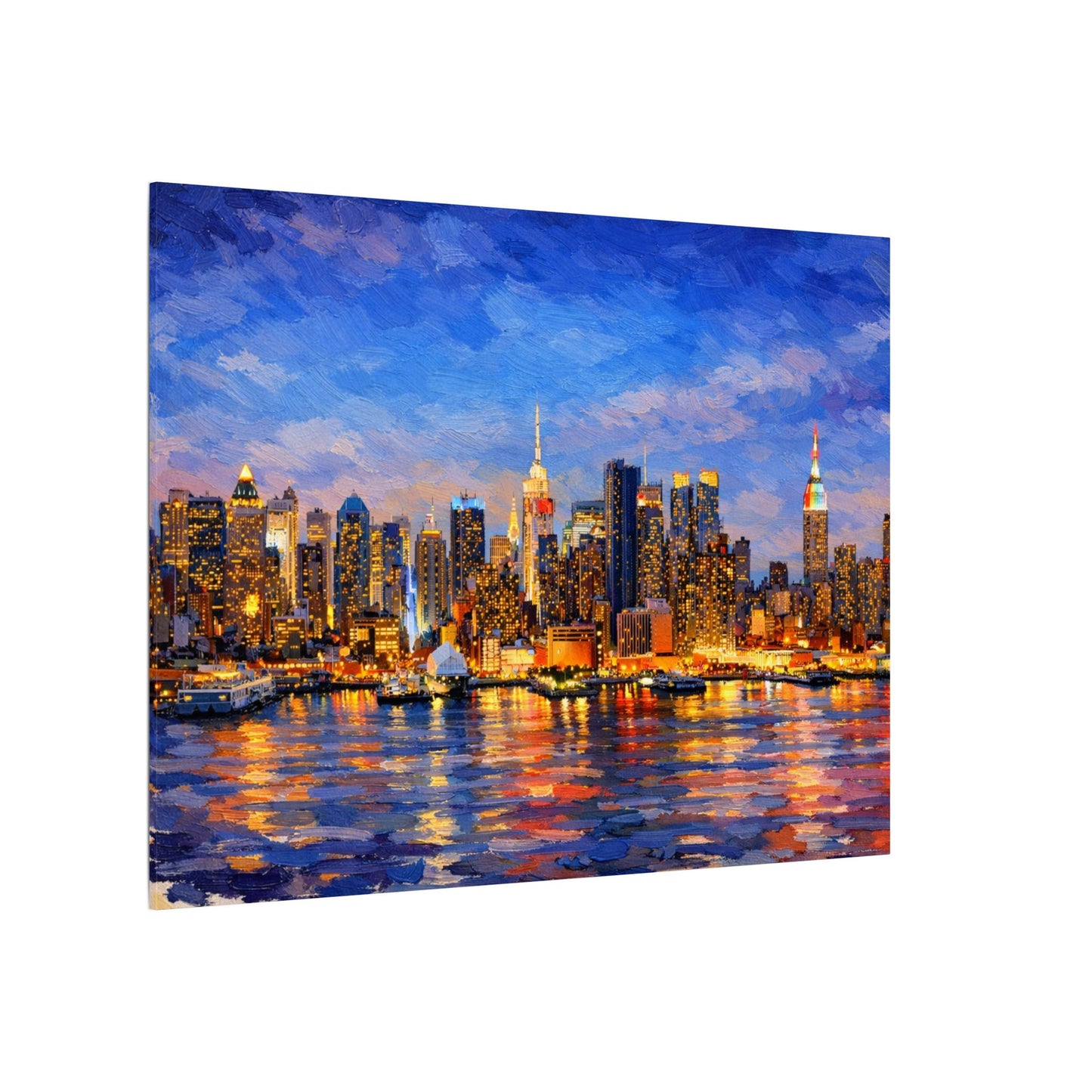New York City Skyline Canvas Wall Art – Night Waterfront Impasto Cityscape Painting