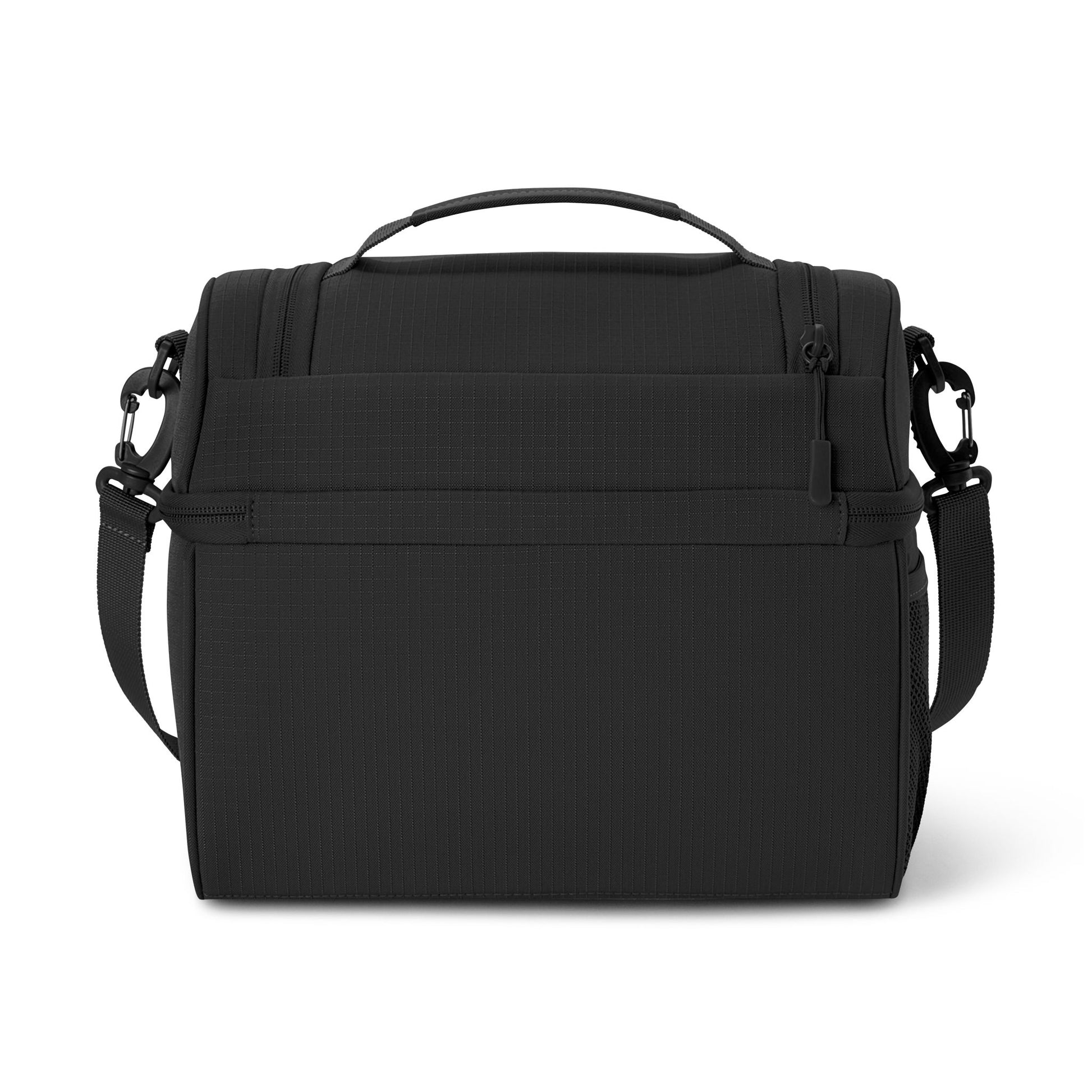 Black shoulder bag with a strap on a white background