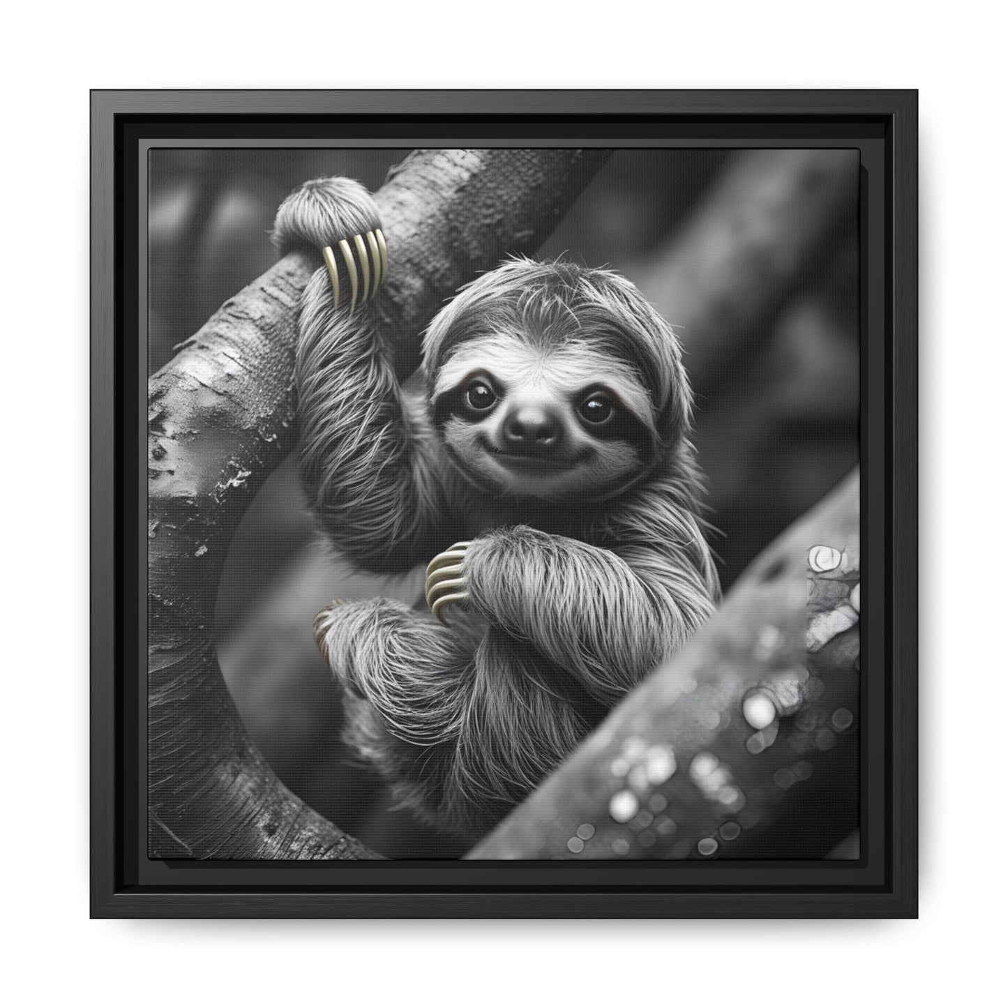 Smiling Sloth Hanging on Tree Branch Wall Art on Framed Canvas, Sloth Lover Gift, Nursery Decor, Wildlife Artwork