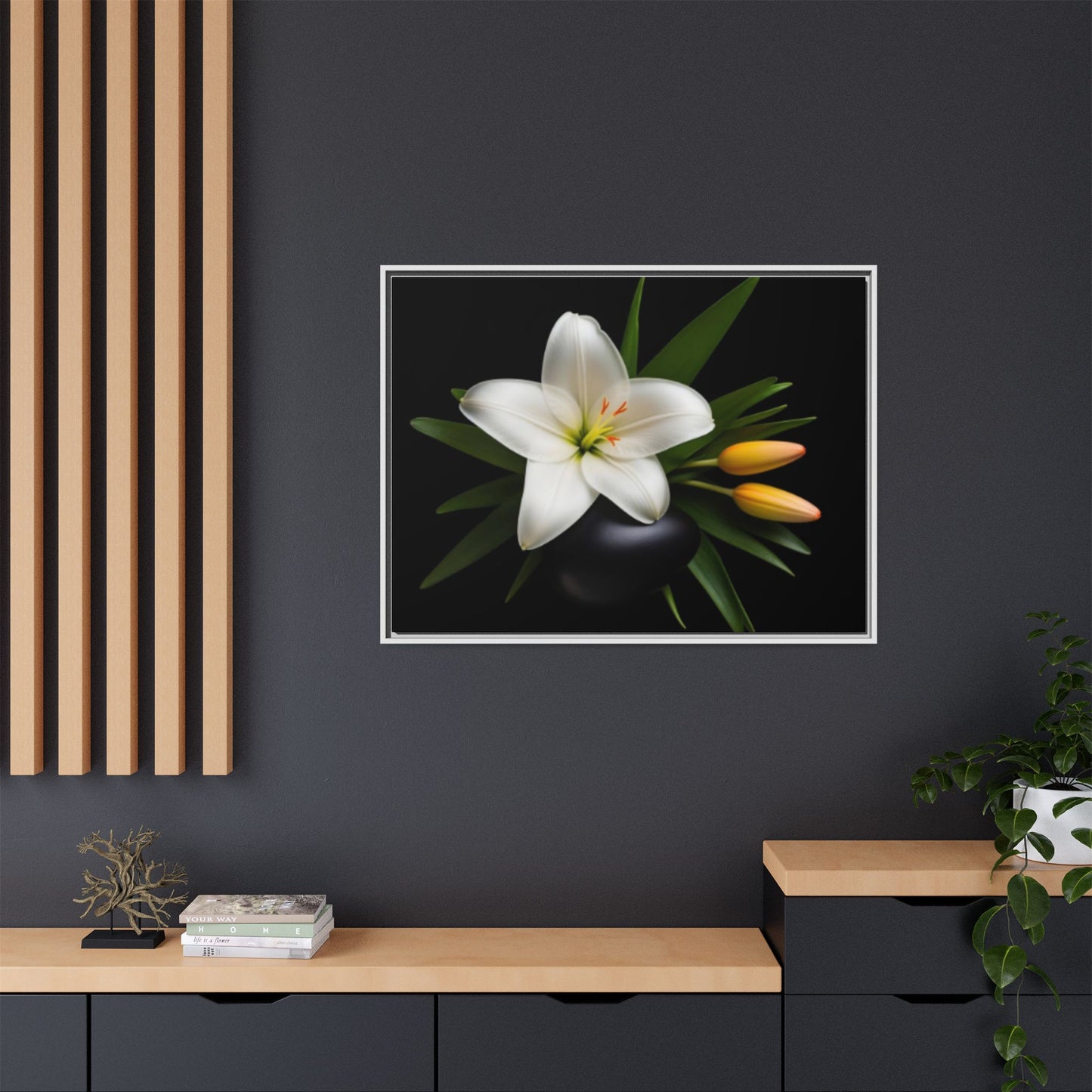 White Lily Wall Art Canvas Print Framed | Elegant Floral Wall Decor for Bedroom, Living Room, Bathroom