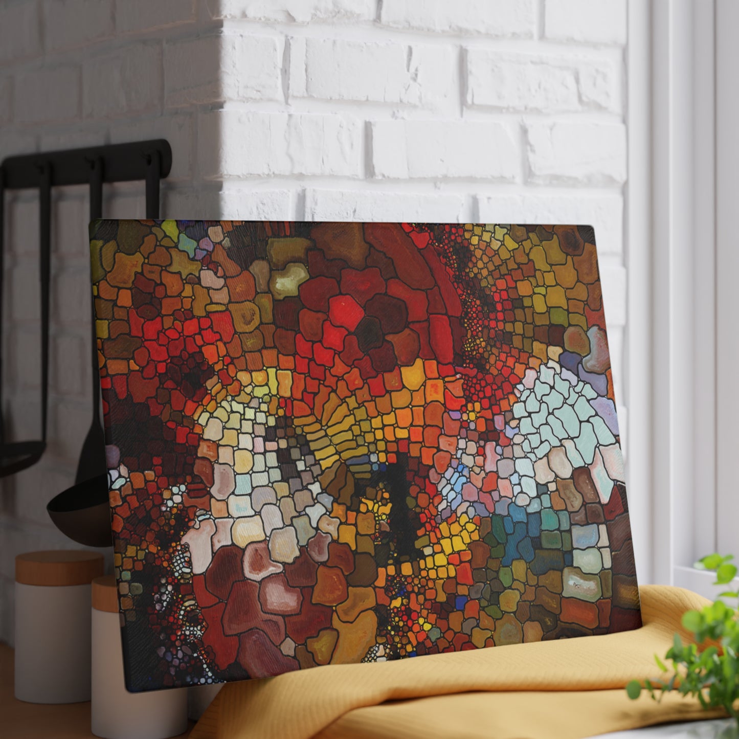Abstract Mosaic Swirl Glass Cutting Board | Colorful Tile Kitchen Decor