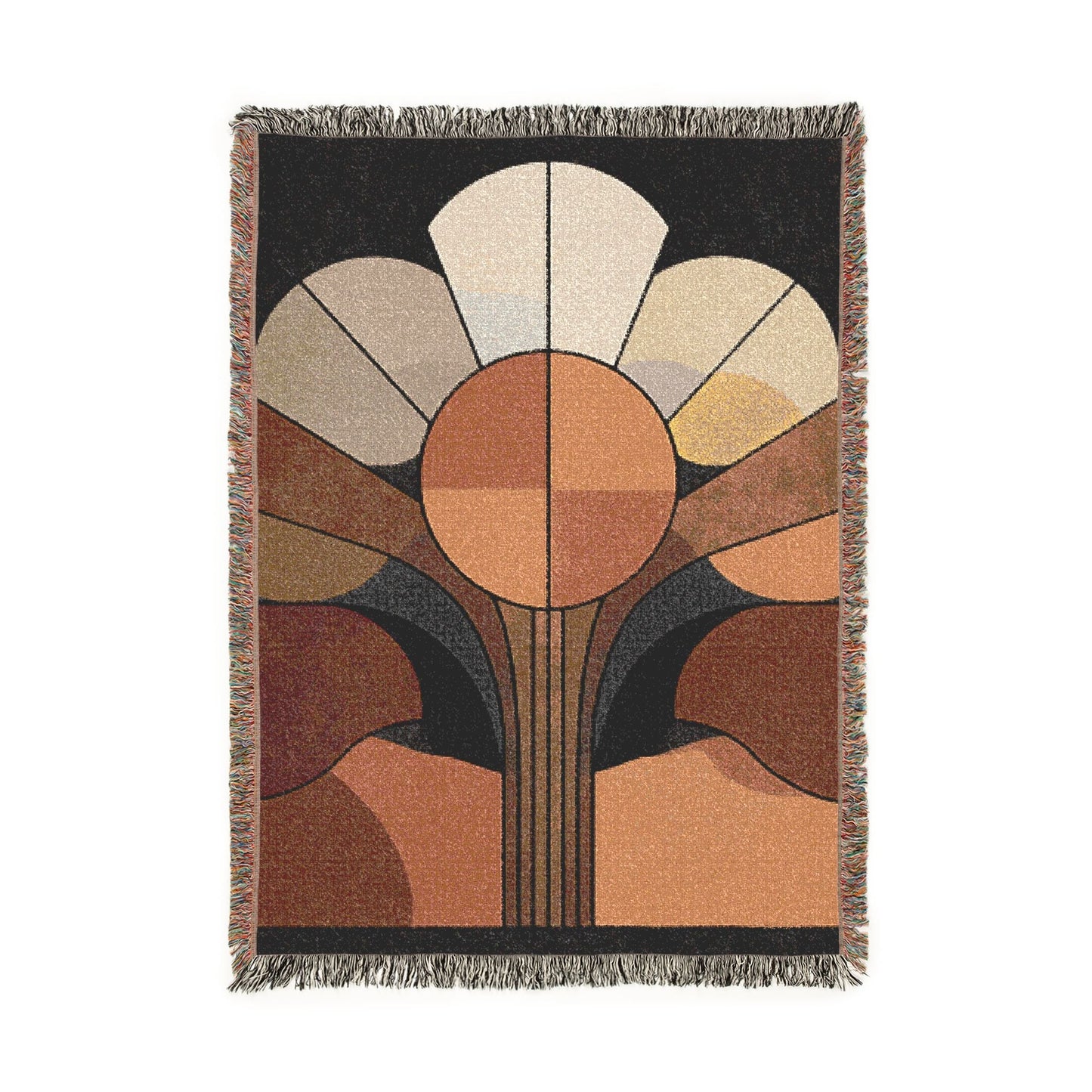 Rug with abstract design in brown, beige, and black on a white background