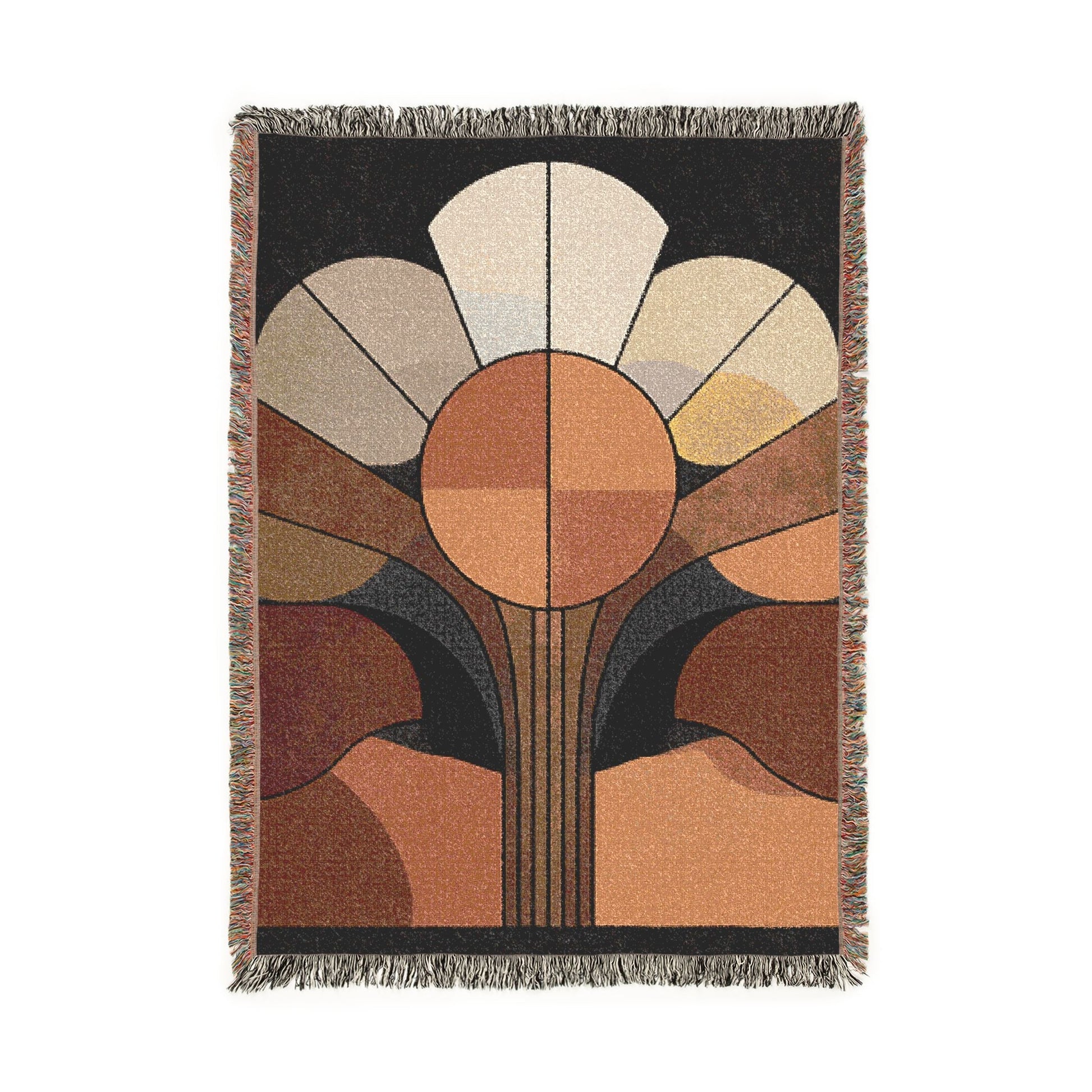 Rug with abstract design in brown, beige, and black on a white background