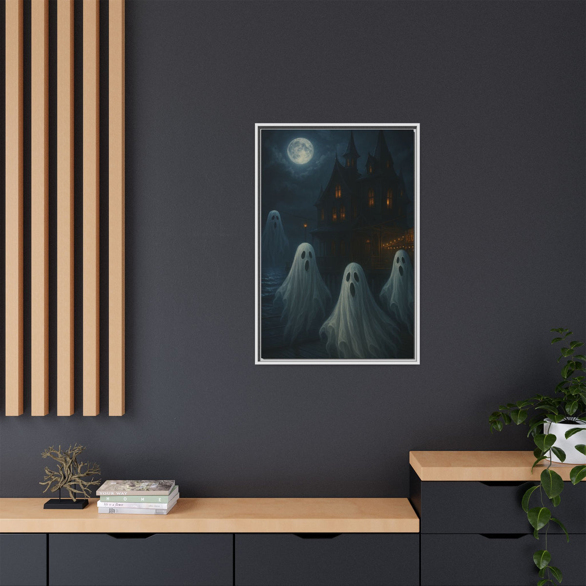 Haunted House Ghost Canvas Wall Art – Spooky Halloween Framed Art, Vintage Horror Decor, Gothic Night Scene Print