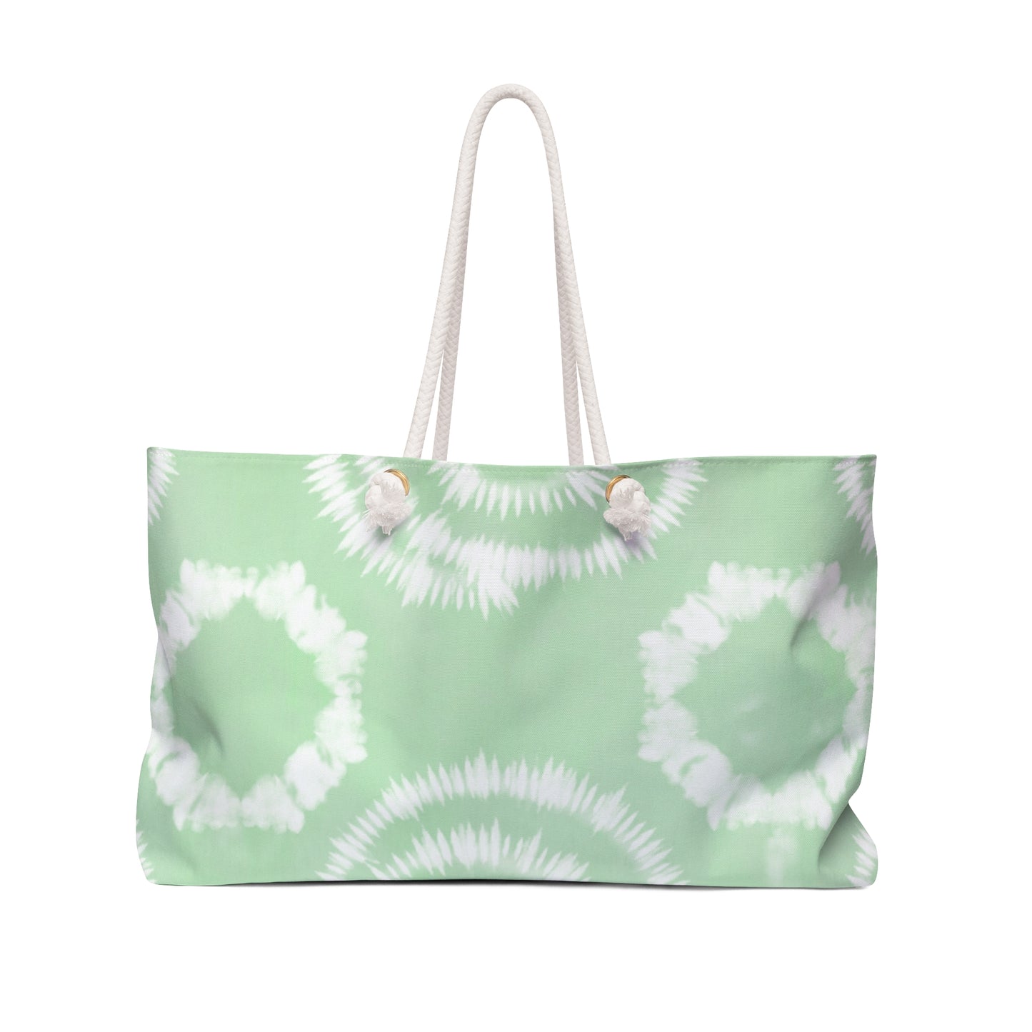Tie-dye patterned bag with seashells on a white background