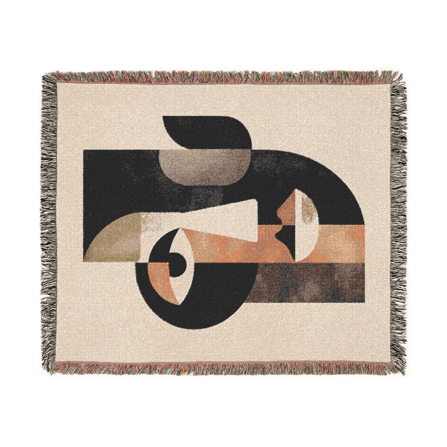Abstract art piece on a beige background with black, brown, and beige colors.