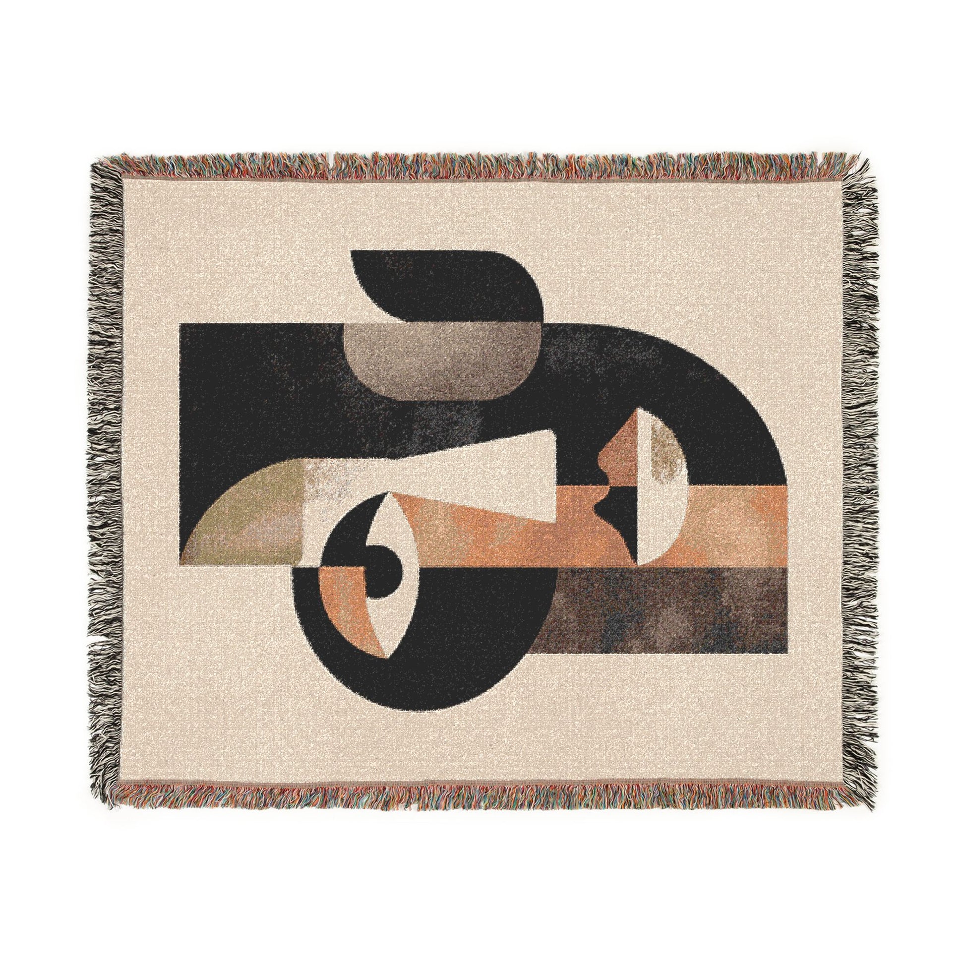 Abstract art piece on a beige background with black, brown, and beige colors.