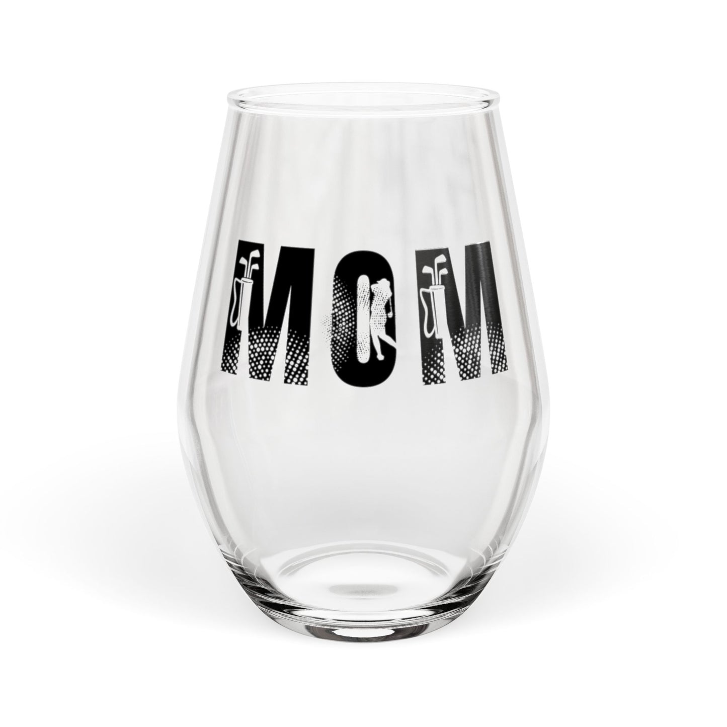 Clear glass with 'Mom' text and silhouette design on a white background