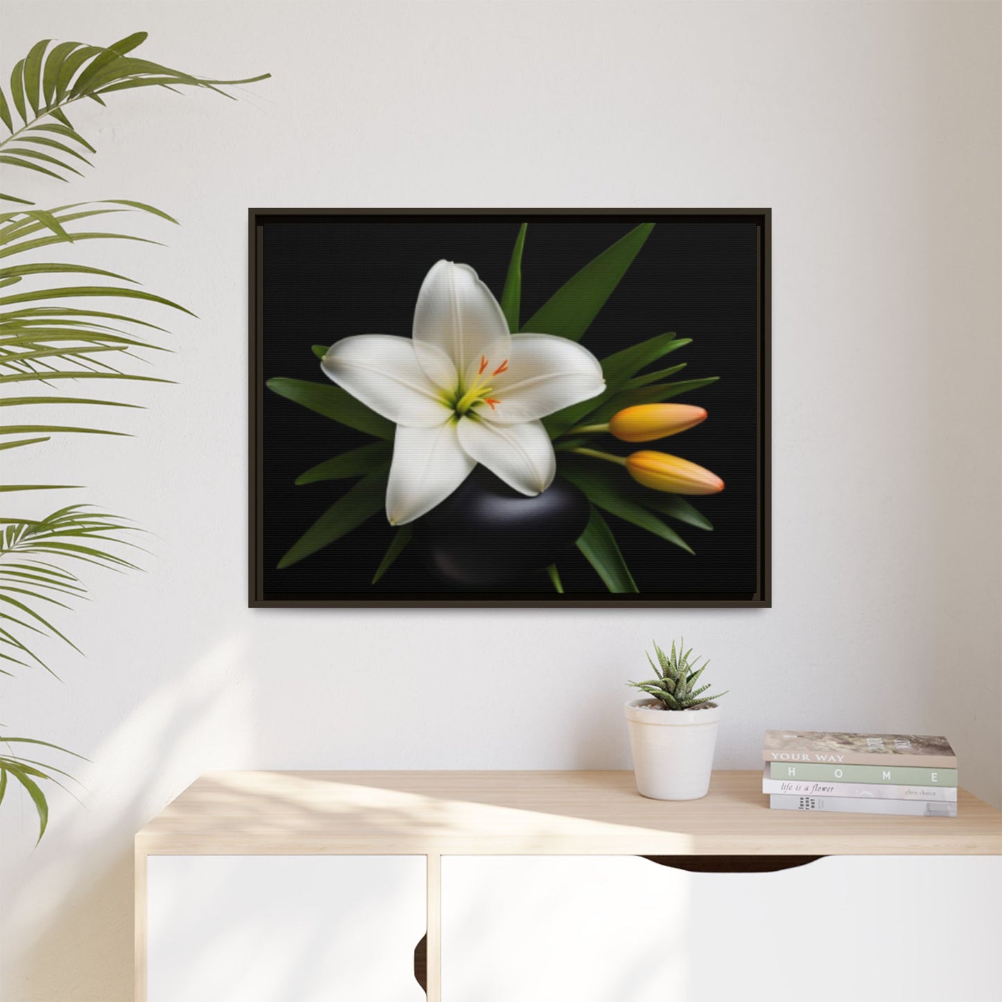 White Lily Wall Art Canvas Print Framed | Elegant Floral Wall Decor for Bedroom, Living Room, Bathroom