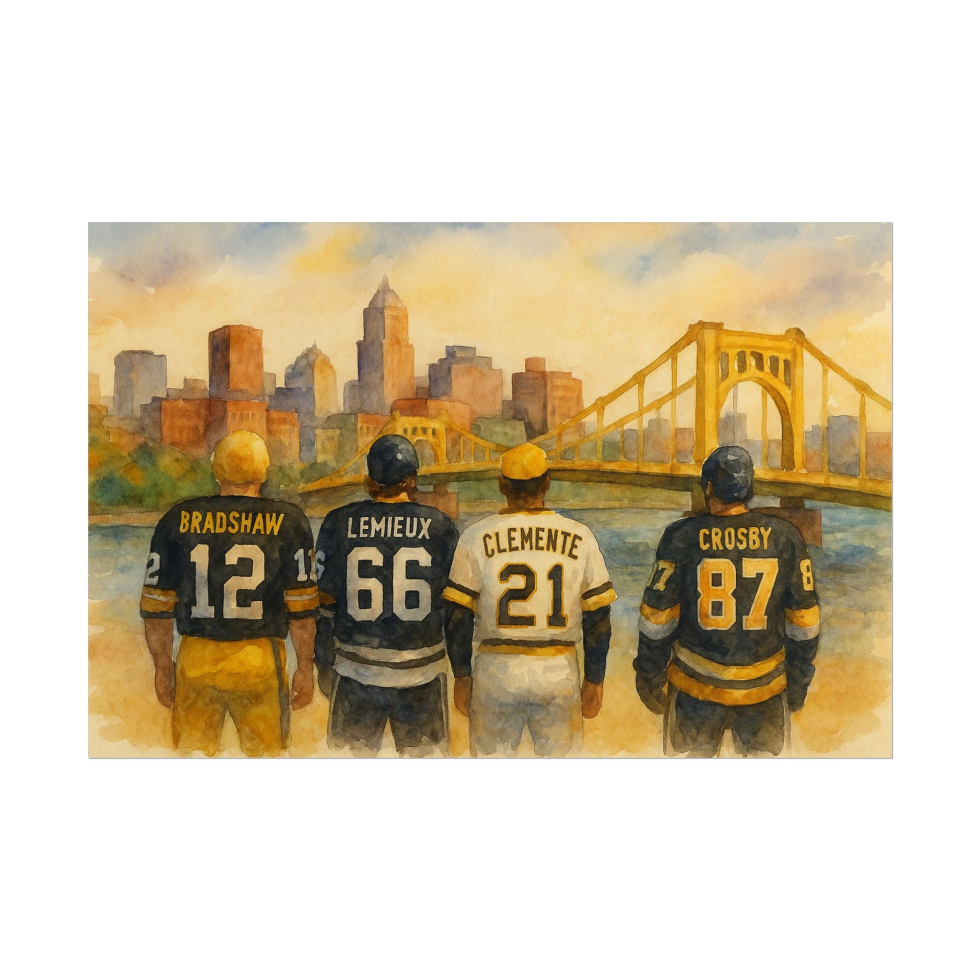 Pittsburgh sports legends in jerseys with numbers and names, standing in front of a cityscape with a bridge.
