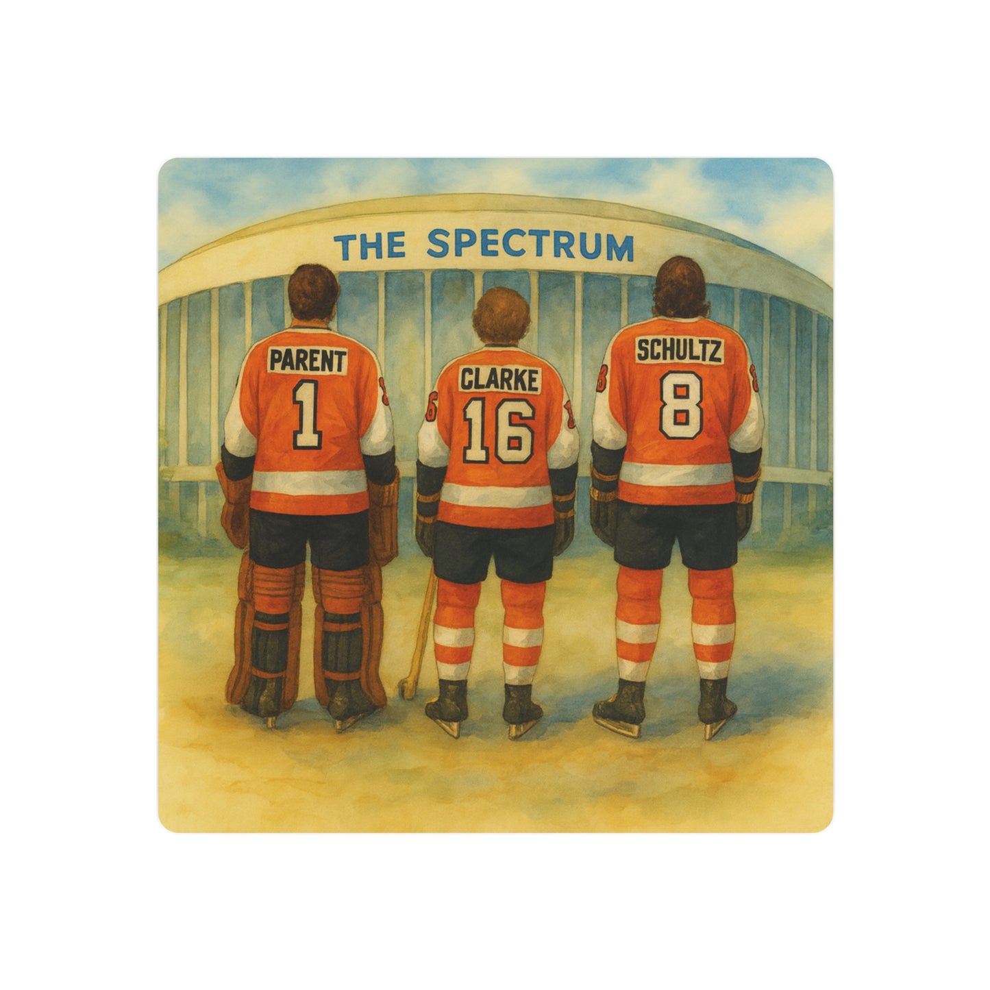 Philadelphia sports legend hockey players in orange jerseys standing in front of 'The Spectrum' arena.