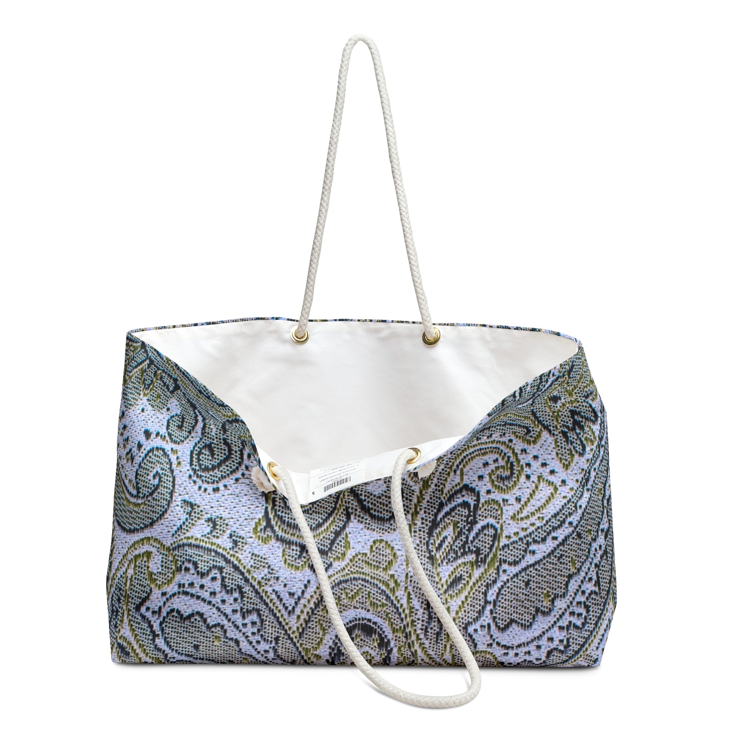 Paisley patterned bag with white drawstring on a white background