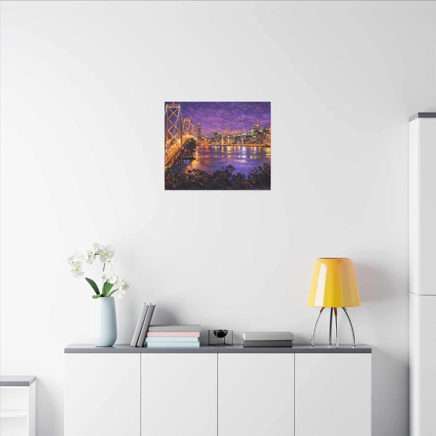 San Francisco Skyline Canvas Wall Art, Bay Bridge Night Painting, Impasto Style Artwork