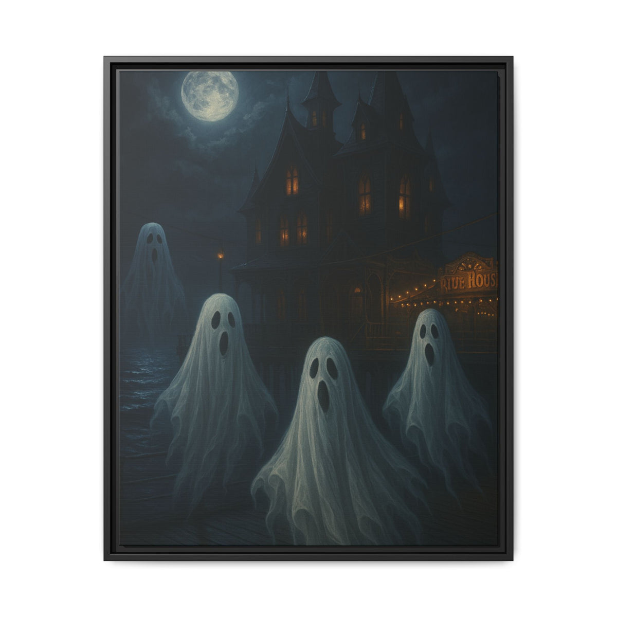 Haunted House Ghost Canvas Wall Art – Spooky Halloween Framed Art, Vintage Horror Decor, Gothic Night Scene Print