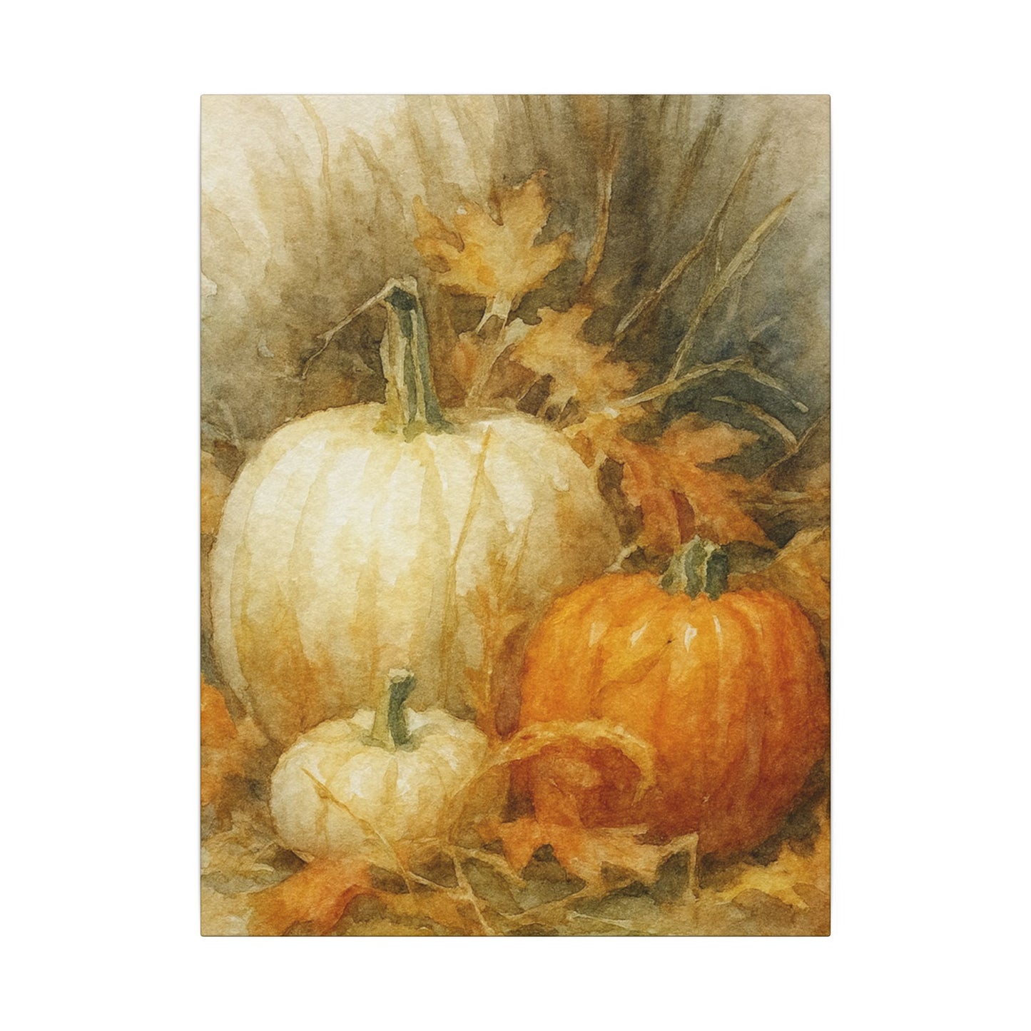 Autumn-themed painting with pumpkins and leaves on a textured background