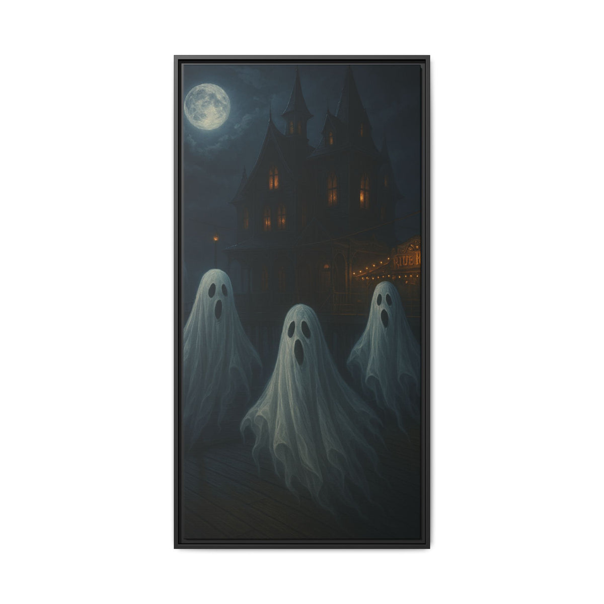 Haunted House Ghost Canvas Wall Art – Spooky Halloween Framed Art, Vintage Horror Decor, Gothic Night Scene Print