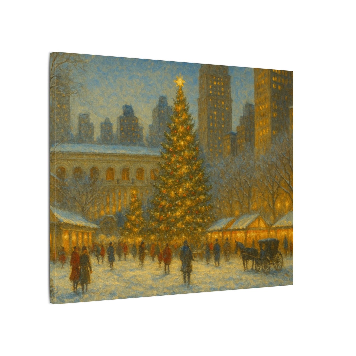 Painting of a snowy city scene with a large Christmas tree and people walking around.
