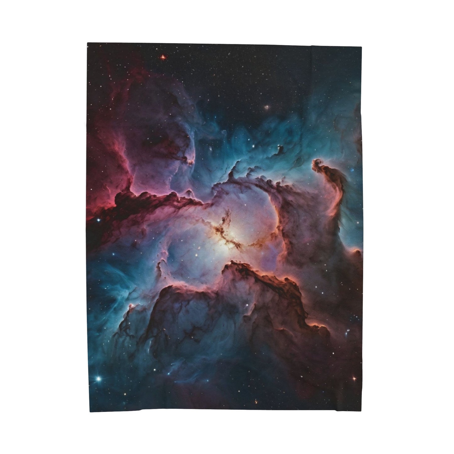 Fleece blanket with a colorful nebula design on a white background