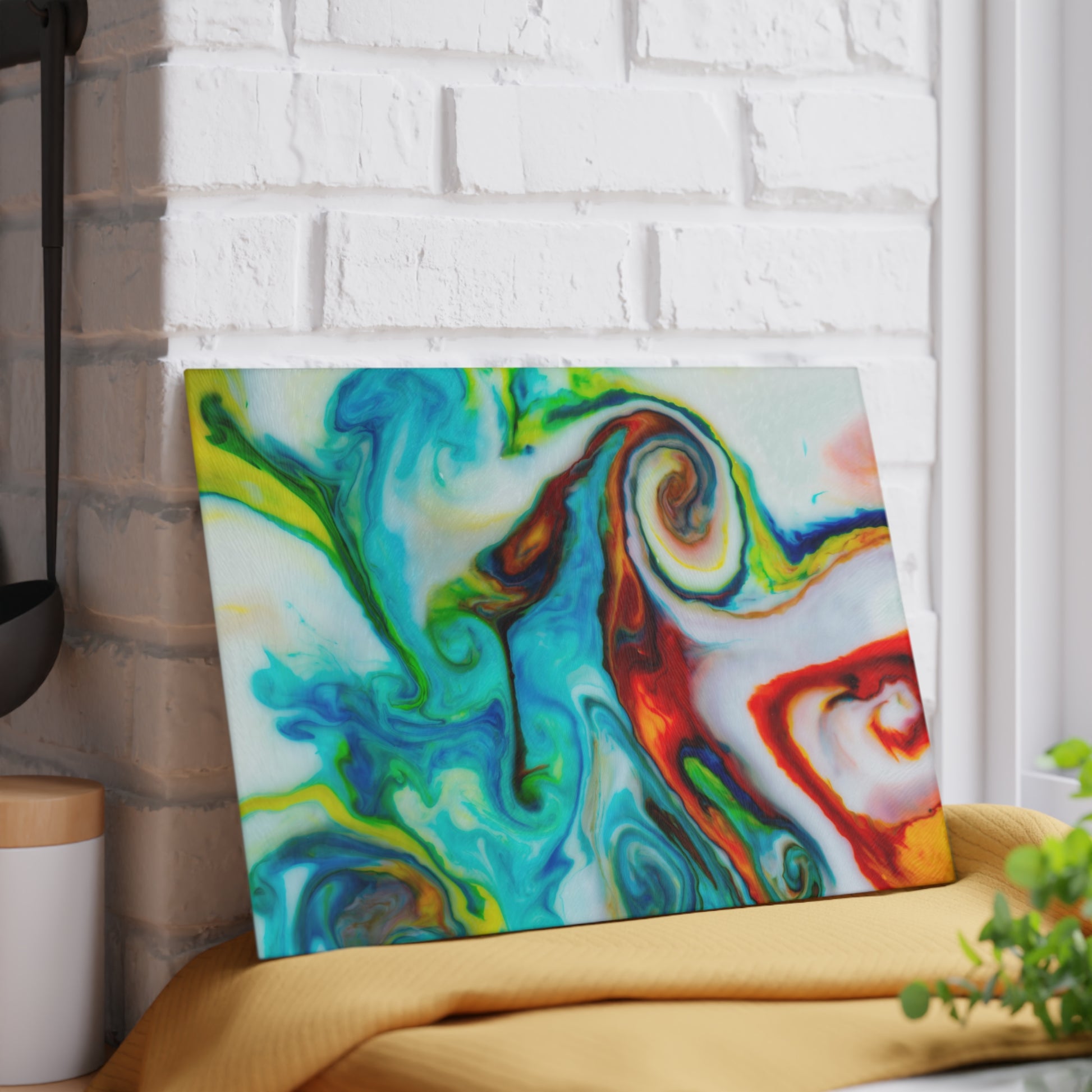 Colorful abstract painting on a white brick wall