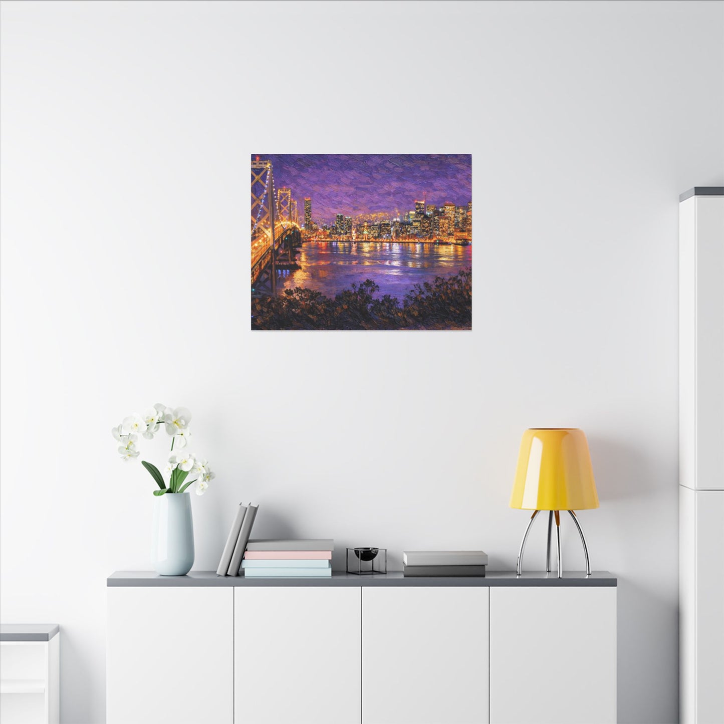 San Francisco Skyline Canvas Wall Art, Bay Bridge Night Painting, Impasto Style Artwork