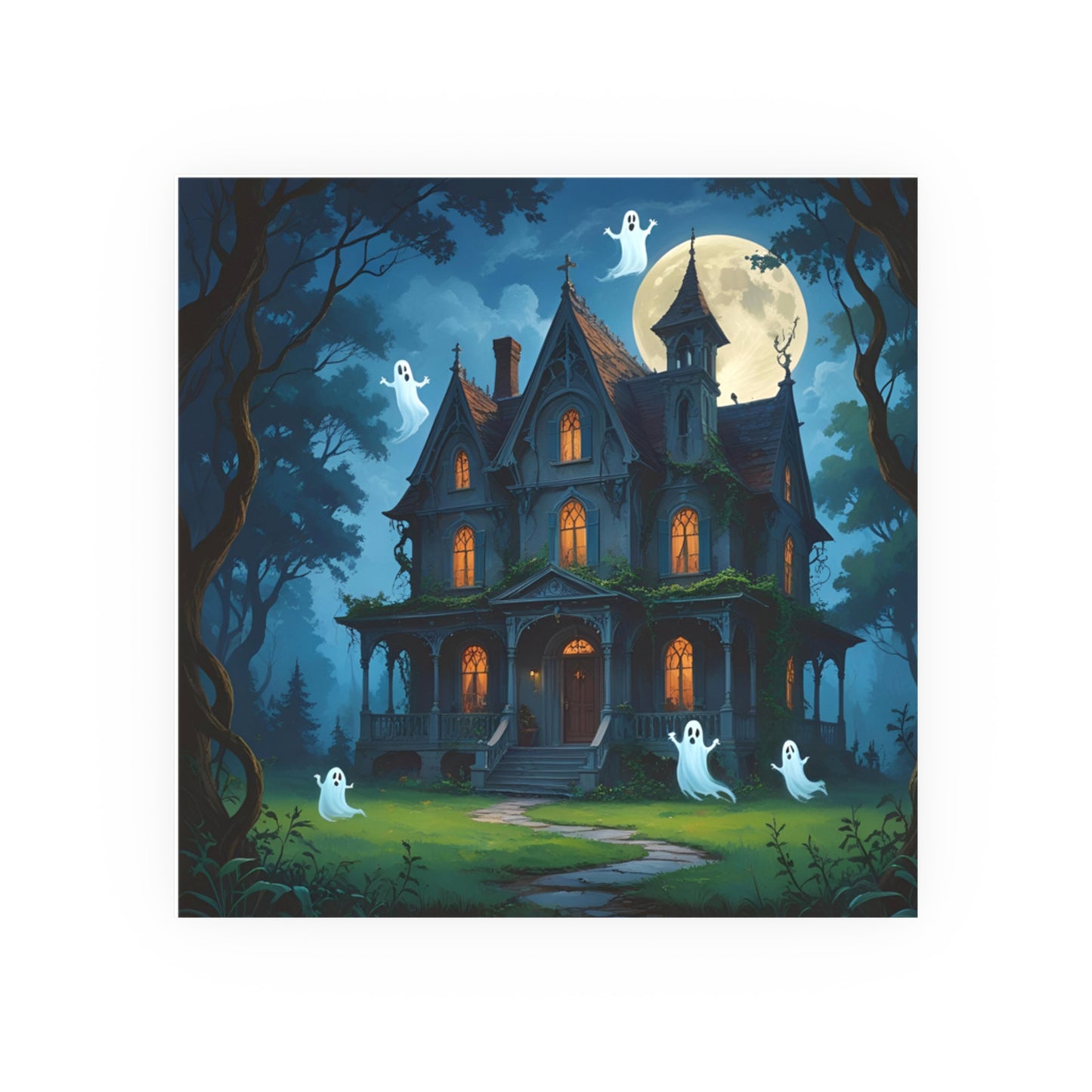 Haunted House Ghosts Poster — Friendly Ghosts Floating Around a Haunted House