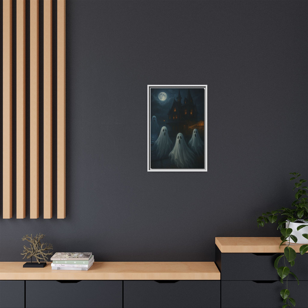 Haunted House Ghost Canvas Wall Art – Spooky Halloween Framed Art, Vintage Horror Decor, Gothic Night Scene Print