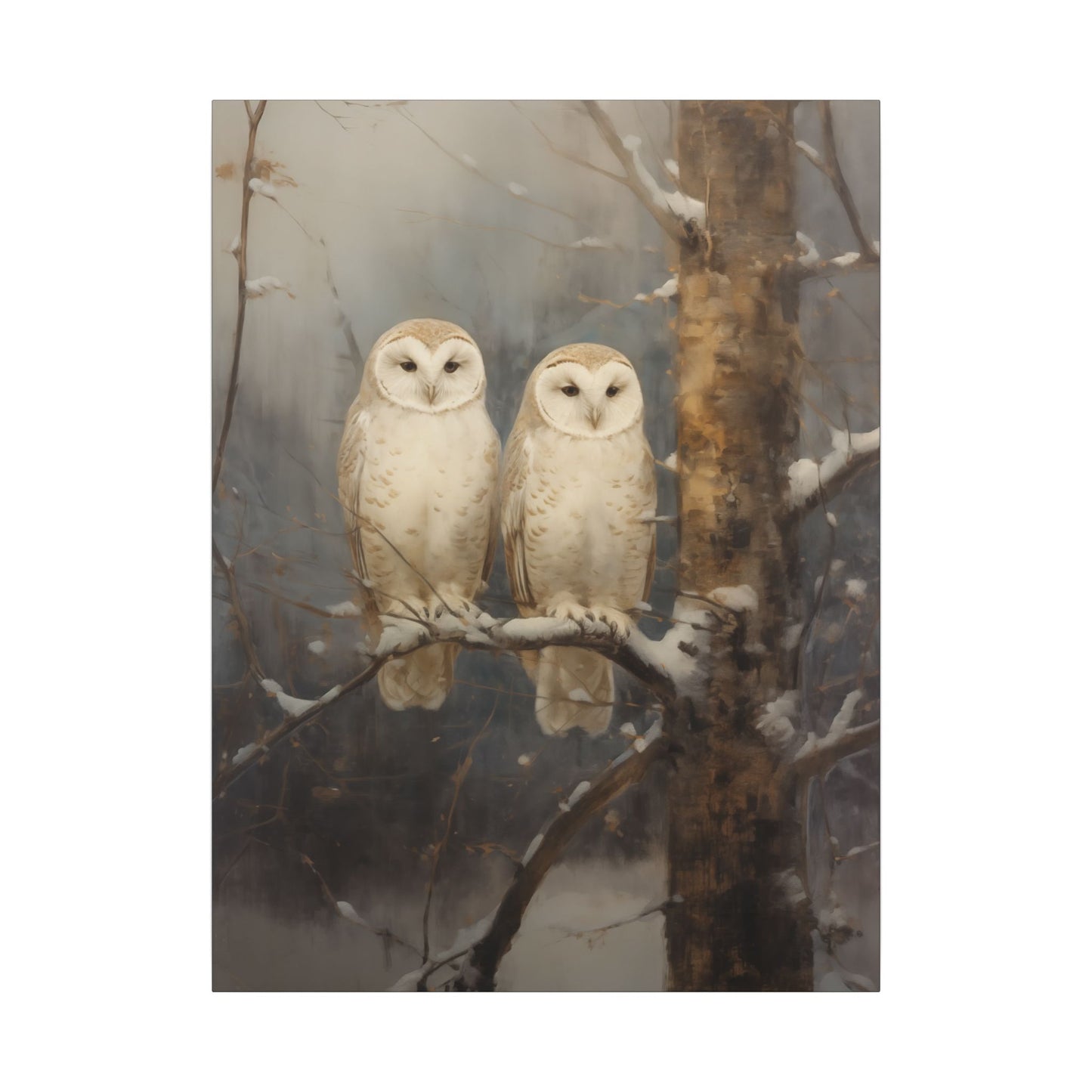 Snowy Owls Winter Canvas Wall Art | Vintage Wildlife Nature Decor