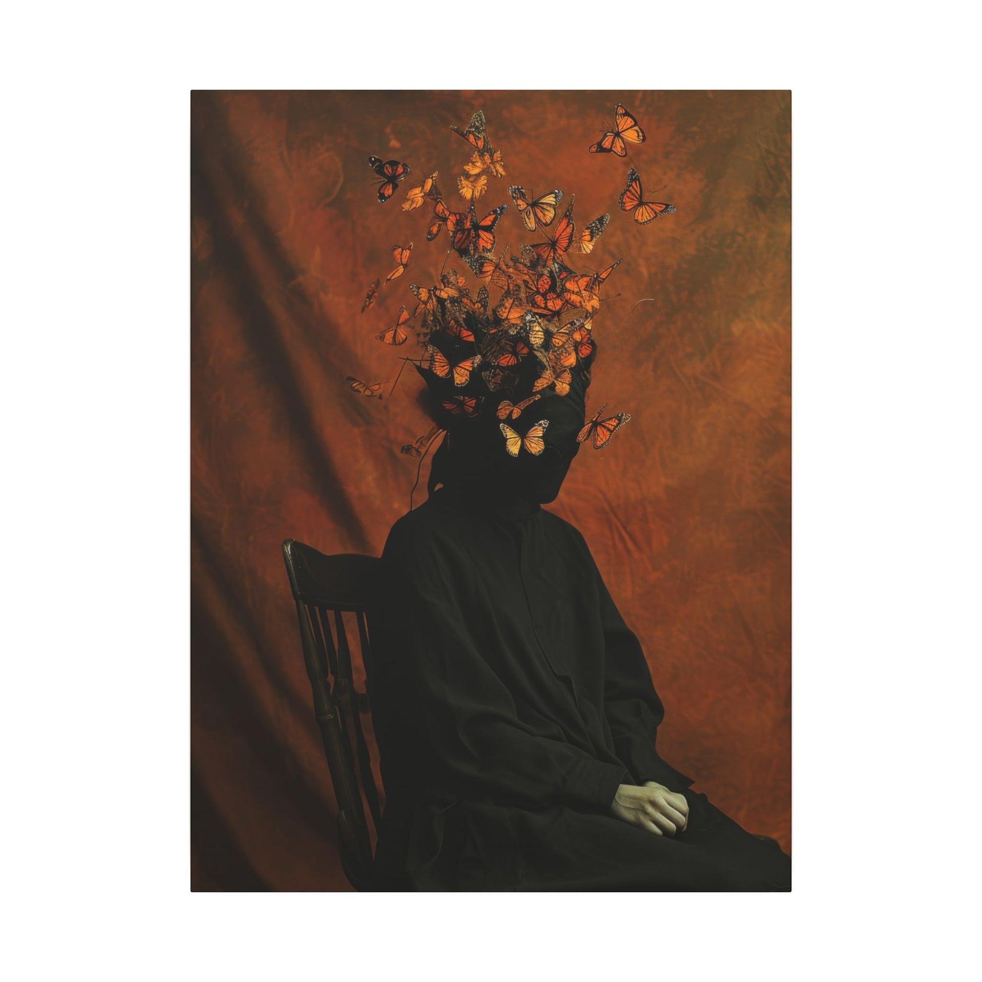 Silhouette of a person with butterflies on their head against a brown curtain background