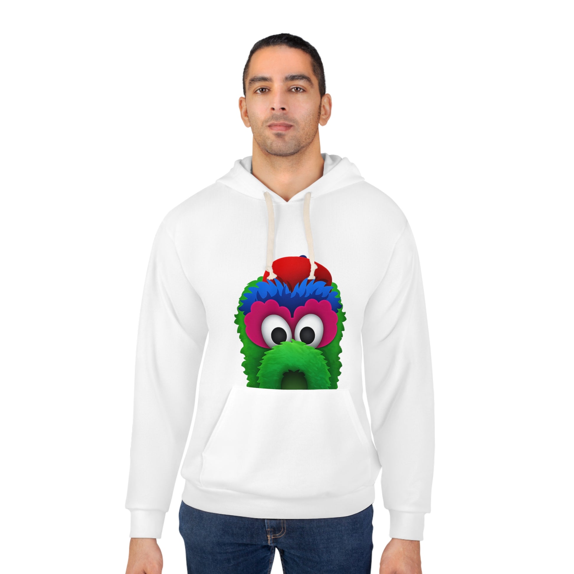 Man wearing a white hoodie with a colorful character design on a white background