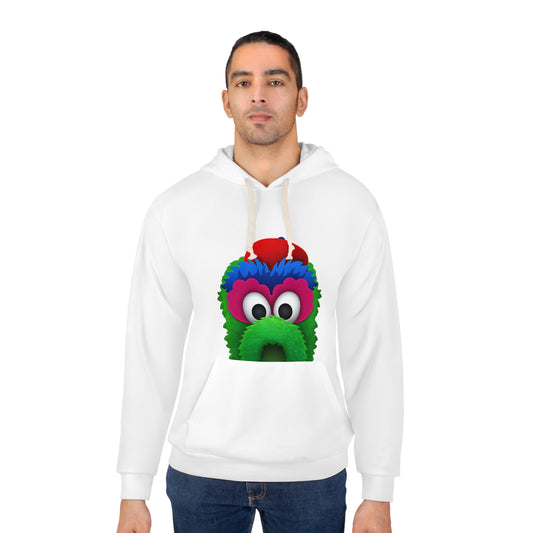 Man wearing a white hoodie with a colorful character design on a white background