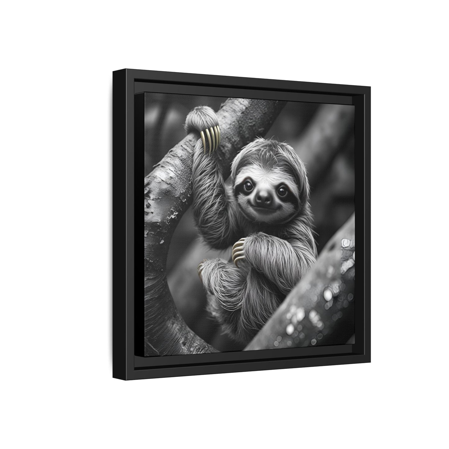 Smiling Sloth Hanging on Tree Branch Wall Art on Framed Canvas, Sloth Lover Gift, Nursery Decor, Wildlife Artwork