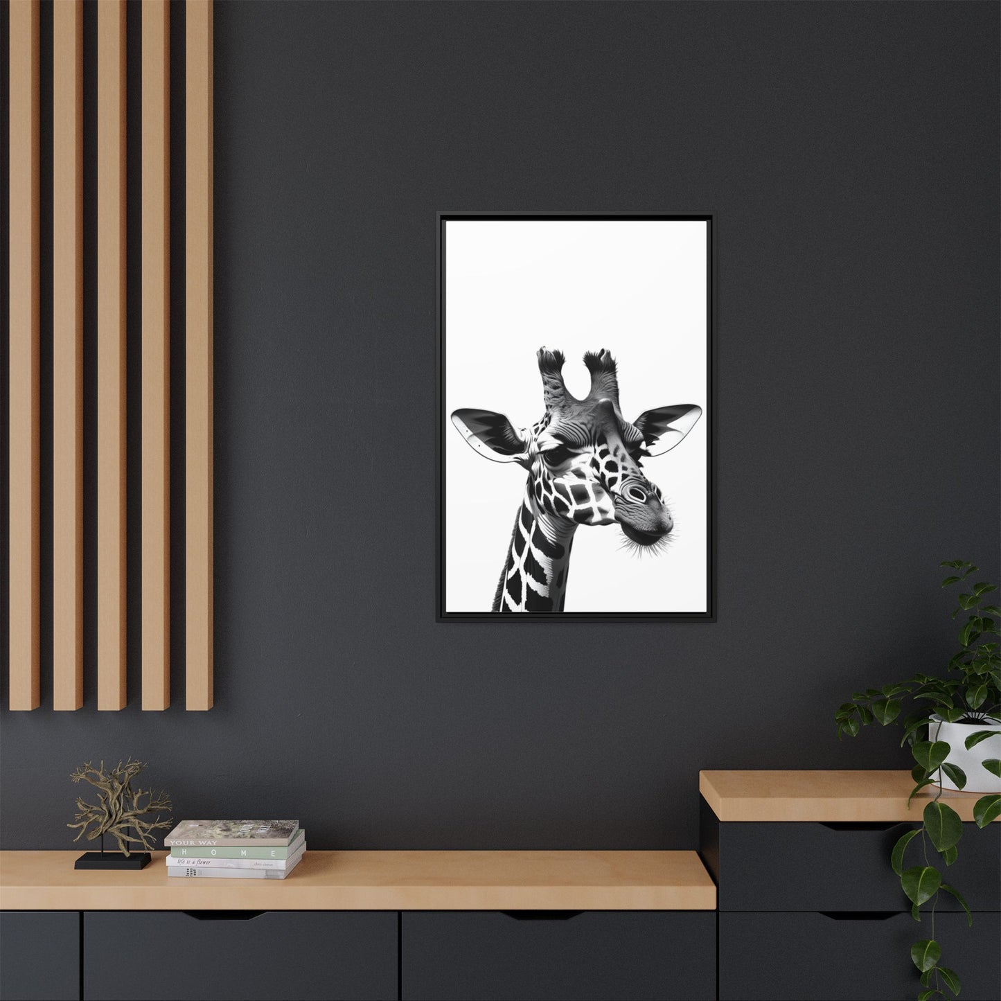 Black and White Giraffe Wall Art – Framed Safari Animal Canvas Print