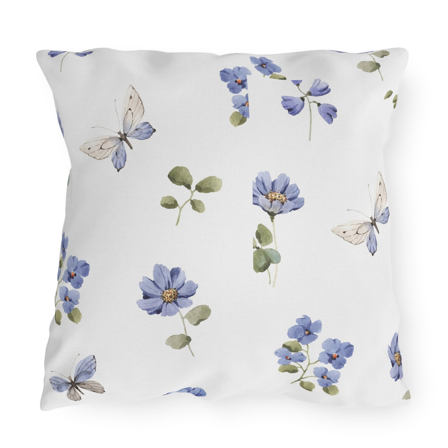 Butterfly & Blue Flower Outdoor Throw Pillow | Spring Garden Patio Cushion
