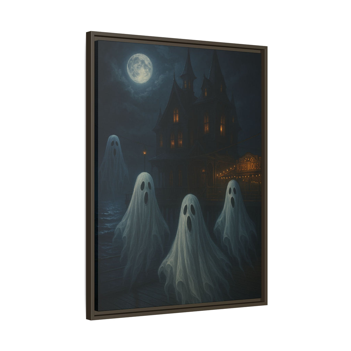 Haunted House Ghost Canvas Wall Art – Spooky Halloween Framed Art, Vintage Horror Decor, Gothic Night Scene Print
