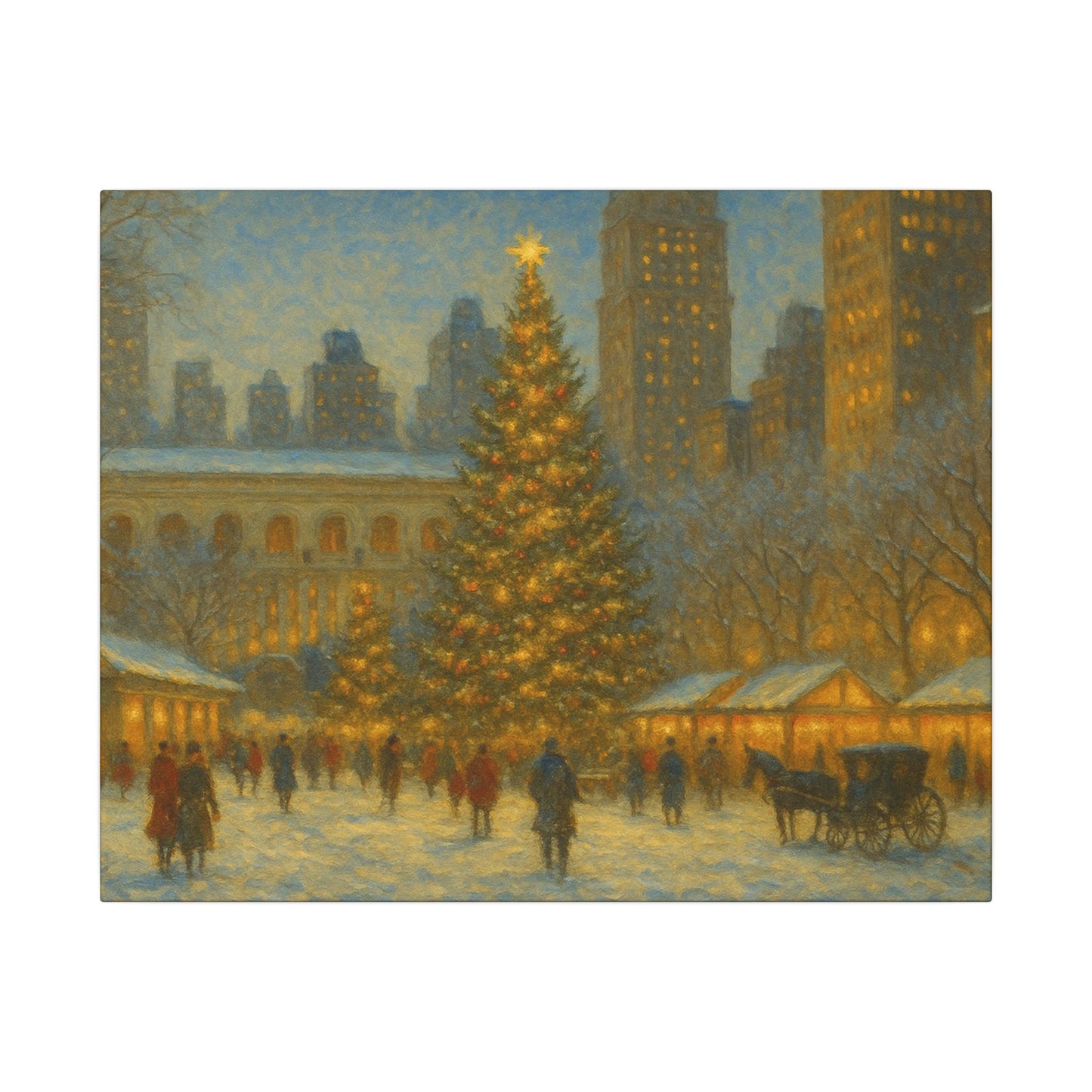 Painting of a snowy city scene with a large Christmas tree and people walking around.
