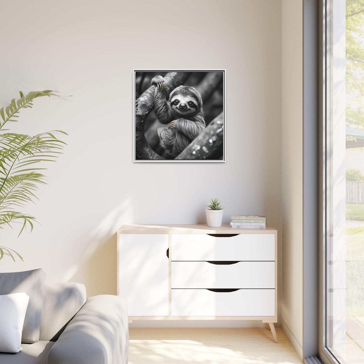 Smiling Sloth Hanging on Tree Branch Wall Art on Framed Canvas, Sloth Lover Gift, Nursery Decor, Wildlife Artwork