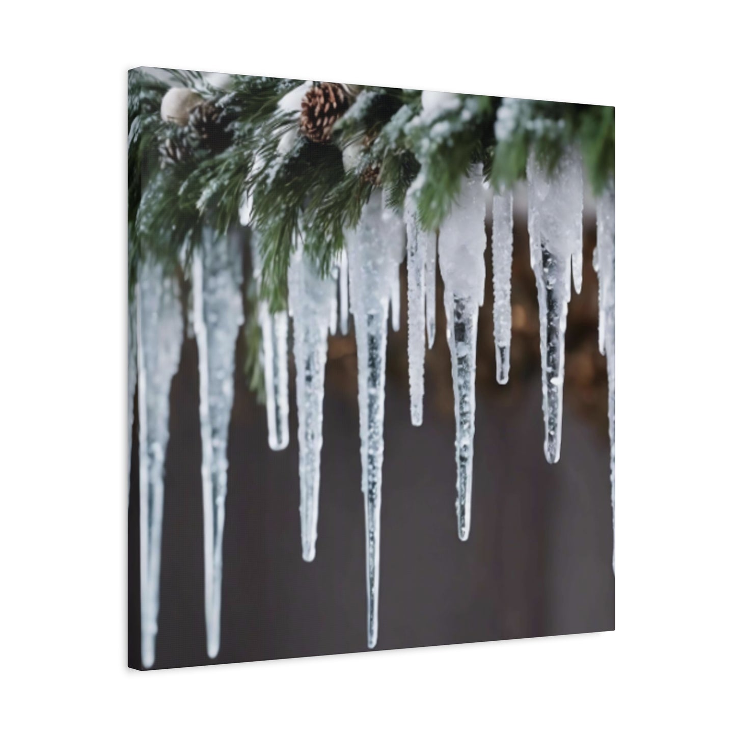 Winter Icicles Pine Branch Canvas Art: Holiday Home Decor, Stretched, 1.25"