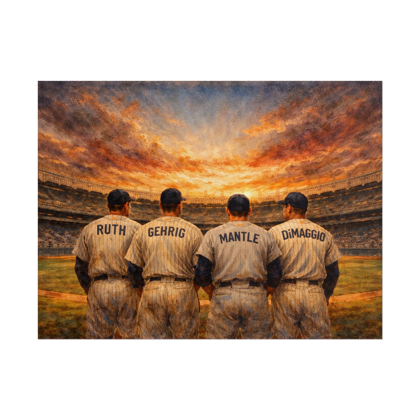 New York sports legends in vintage uniforms facing a sunset at a stadium.