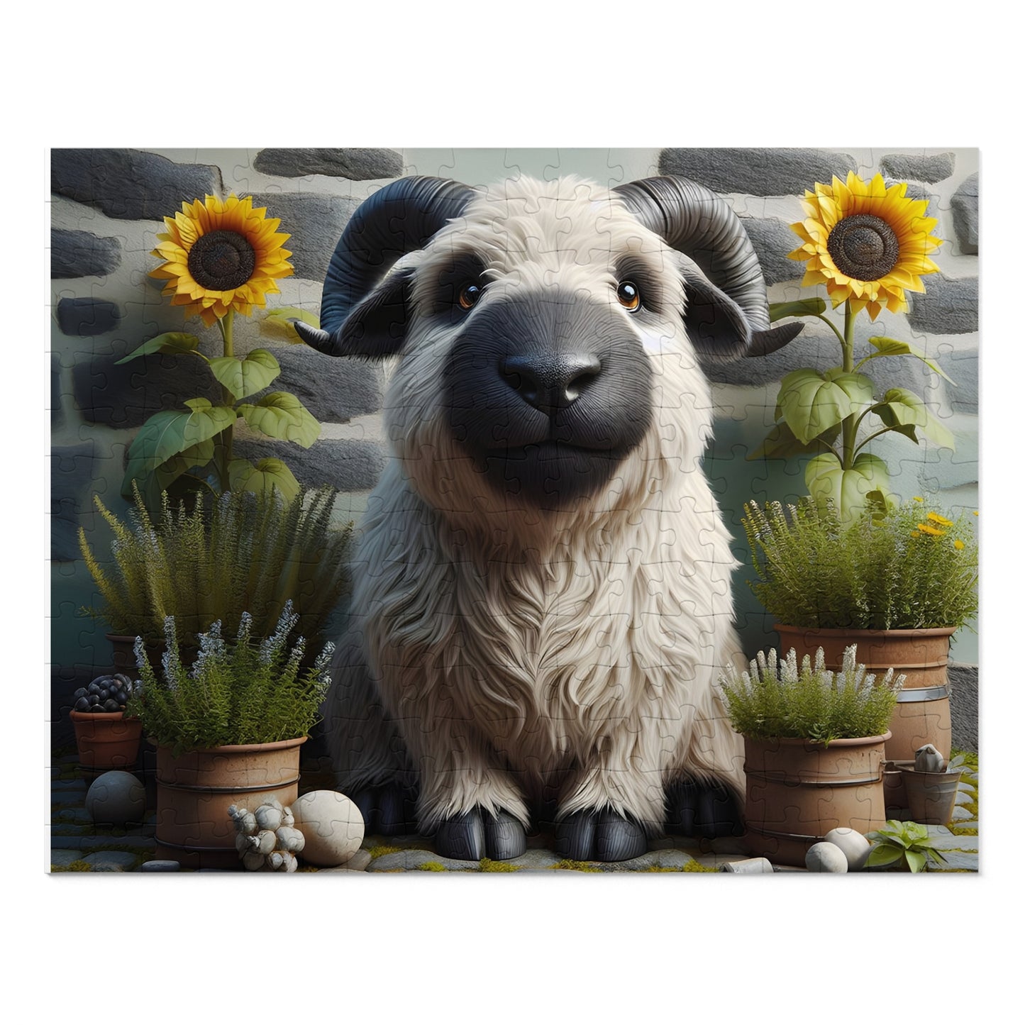 Sheep-like creature with large horns sitting among potted plants and sunflowers.
