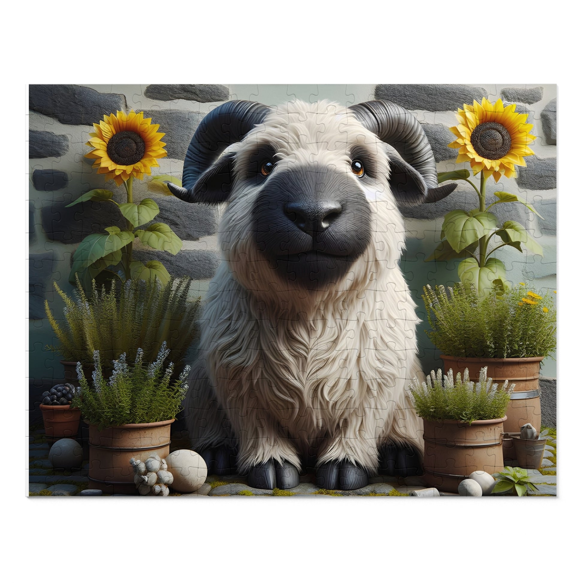 Sheep-like creature with large horns sitting among potted plants and sunflowers.